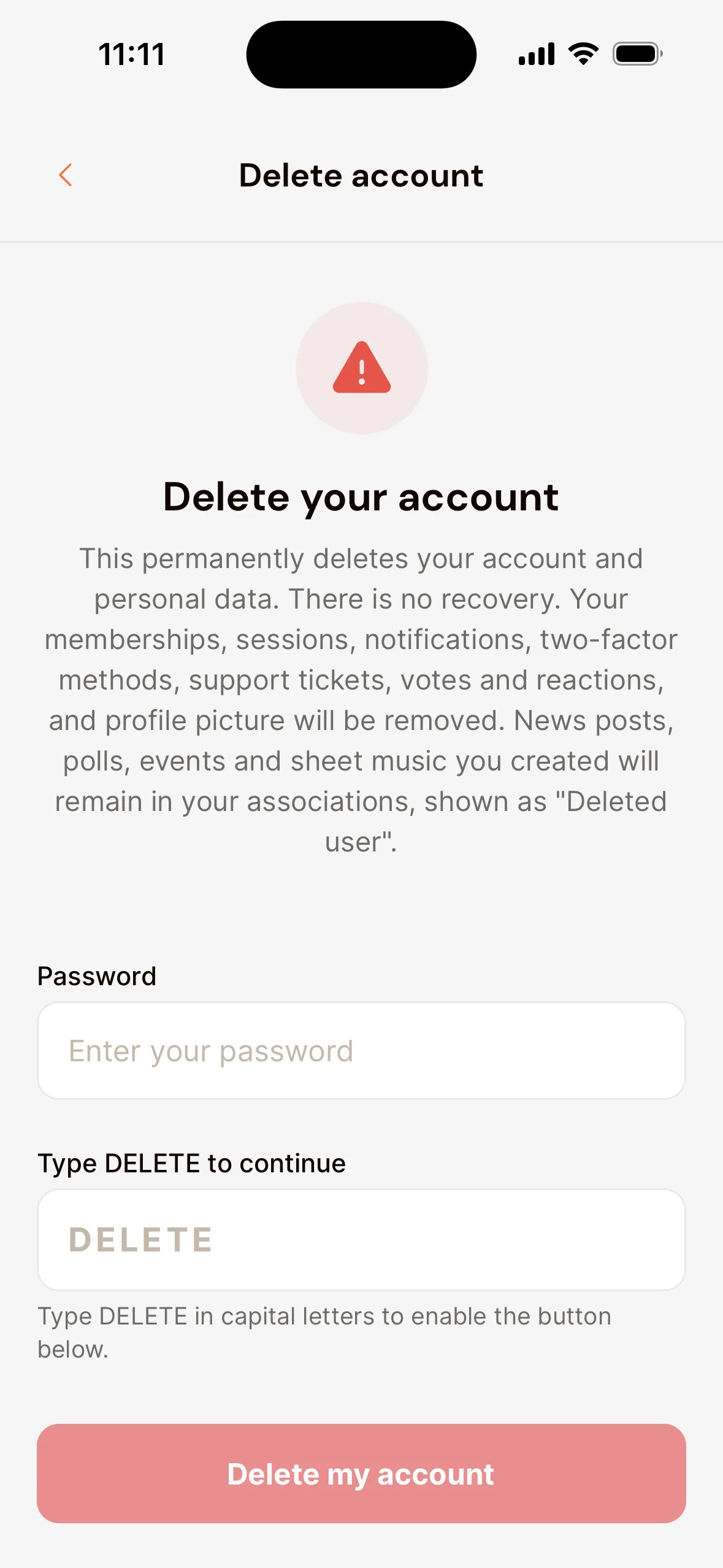 The Delete account screen in the app: an explanation under Delete your account, the Password field, the Type DELETE to continue field and, at the bottom, the Delete my account button.