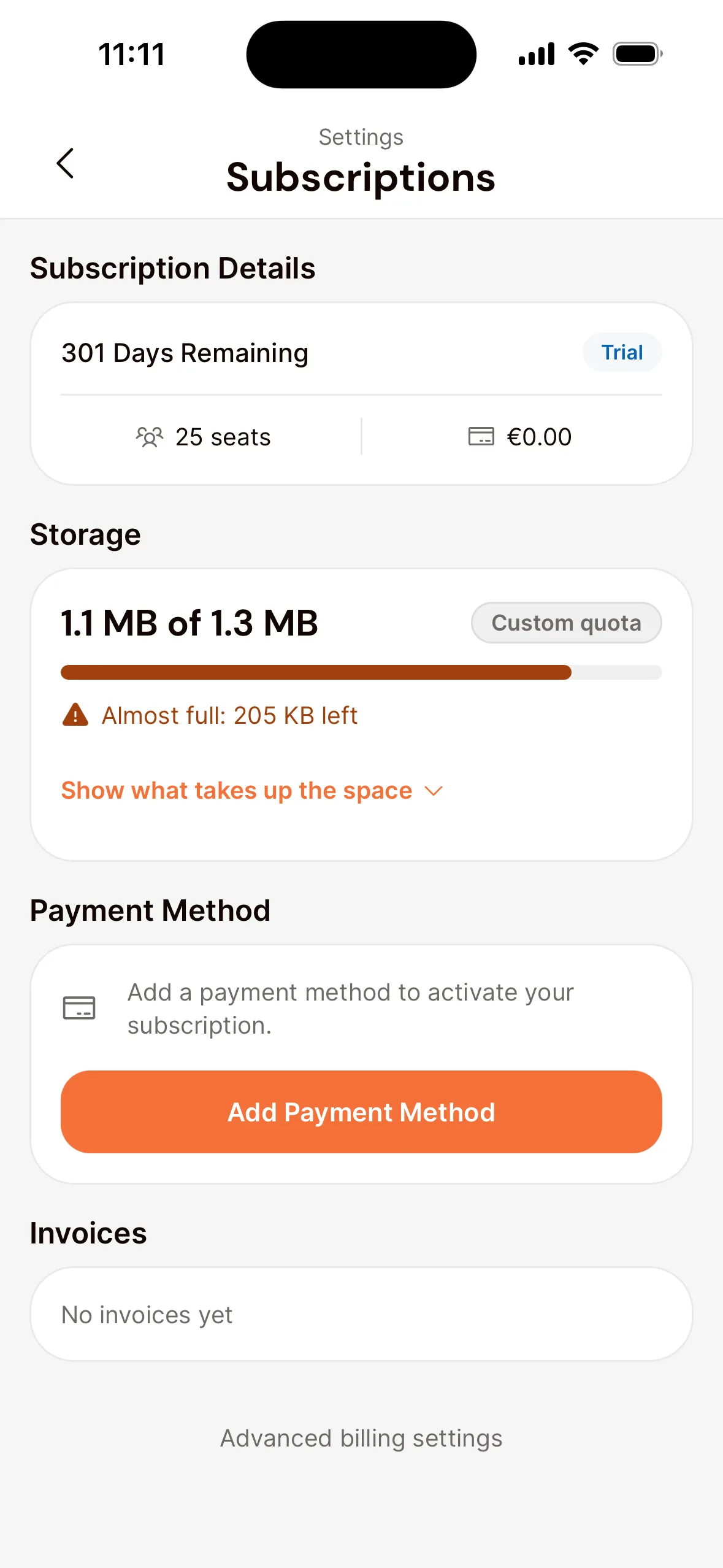 The Subscriptions screen in the app, scrolled to Storage: how much room is in use out of the total, with the Custom quota label, an orange bar that is mostly filled, the line Almost full with how much room is left, and Show what takes up the space.