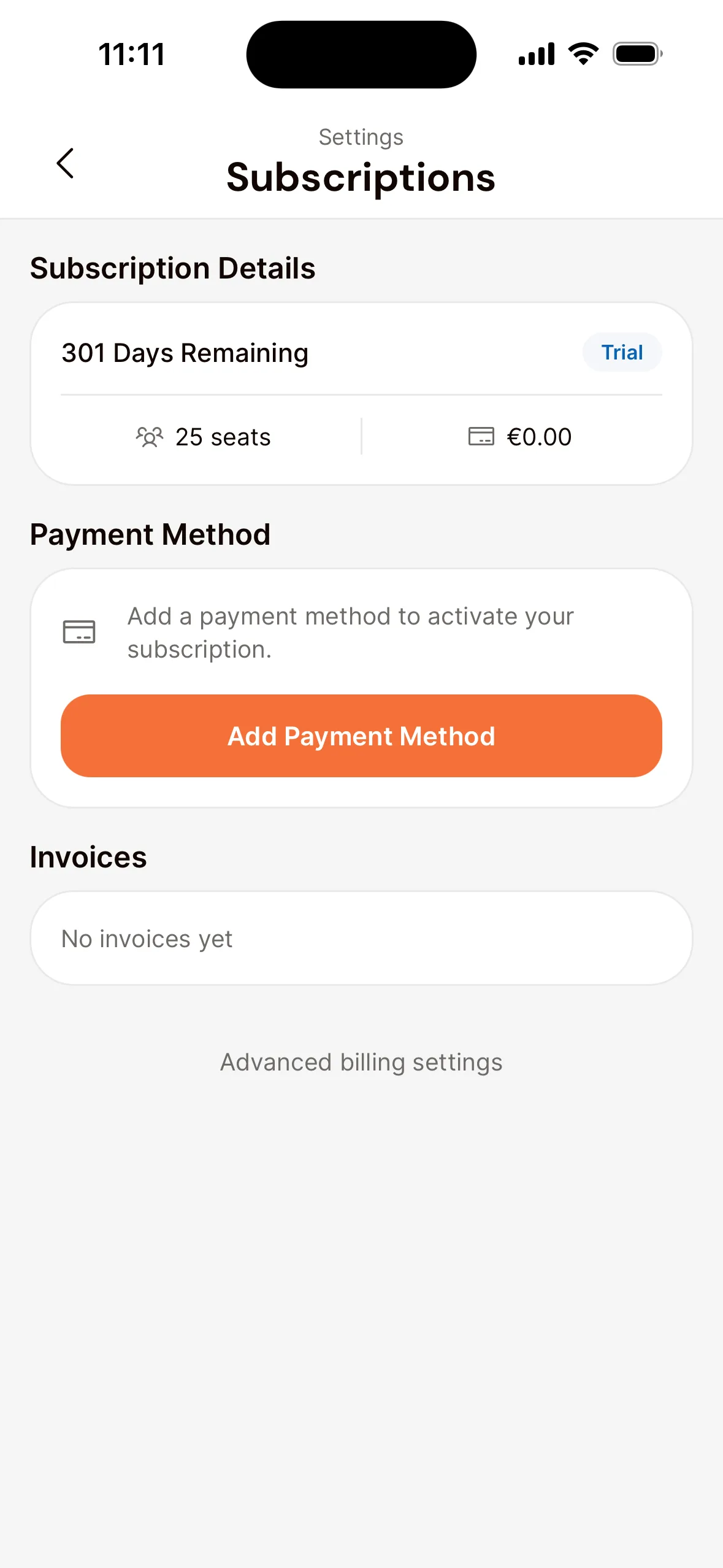 The Subscriptions screen in the app: under Subscription Details the days left in the trial (Trial), the number of seats and the amount, then Payment Method with the Add Payment Method button, and Invoices.