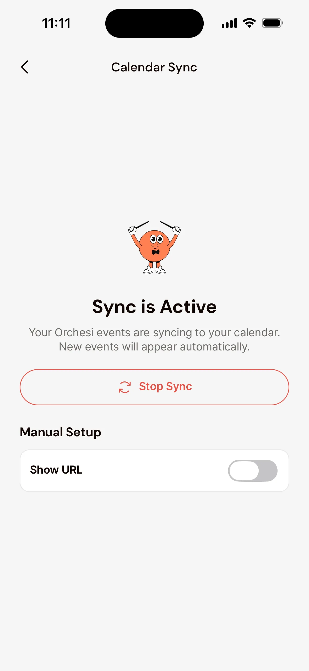 The Calendar Sync screen in the app with Sync is Active, the Stop Sync button and, under Manual Setup, the Show URL switch.