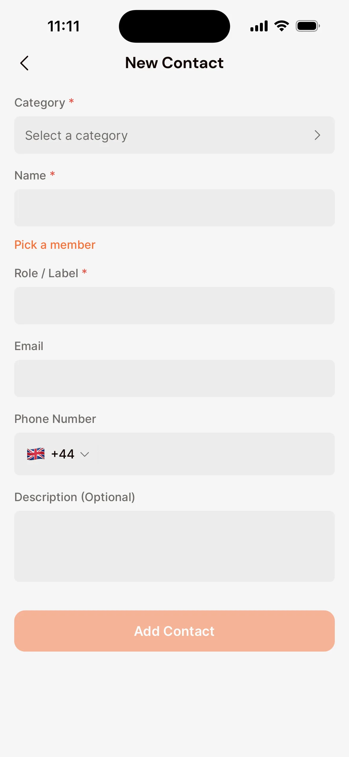 The New Contact screen in the app: Category with Select a category, Name with Pick a member, and the Role / Label, Email, Phone Number and Description fields, with Add Contact at the bottom.