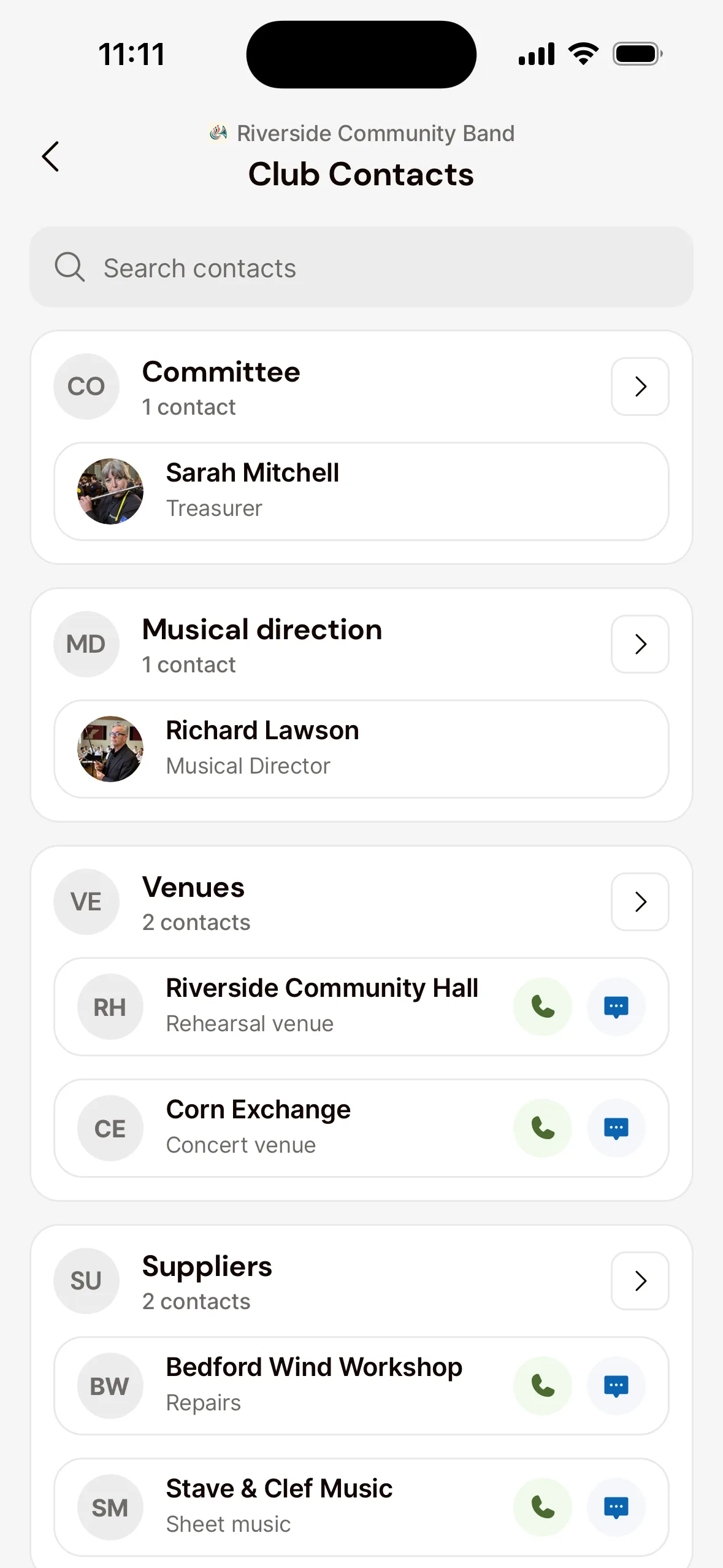 Club Contacts in the app by category, such as Committee, Musical direction, Venues and Suppliers, with each contact's name and role, for example Treasurer or Musical Director, and the buttons to call or send a message for contacts with a phone number.