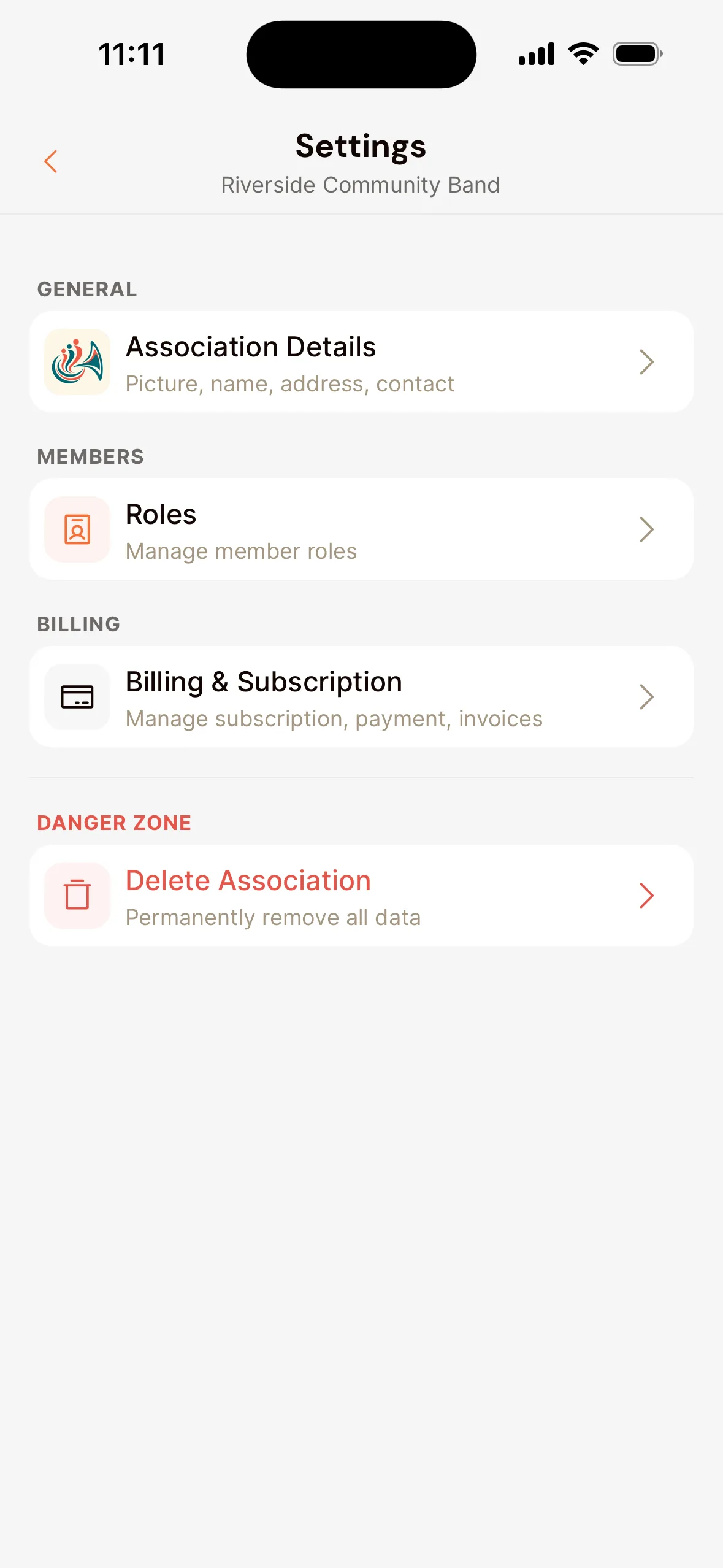 The association's Settings screen in the app: Association Details, Roles under Members, Billing & Subscription under Billing and, under Danger Zone, Delete Association.