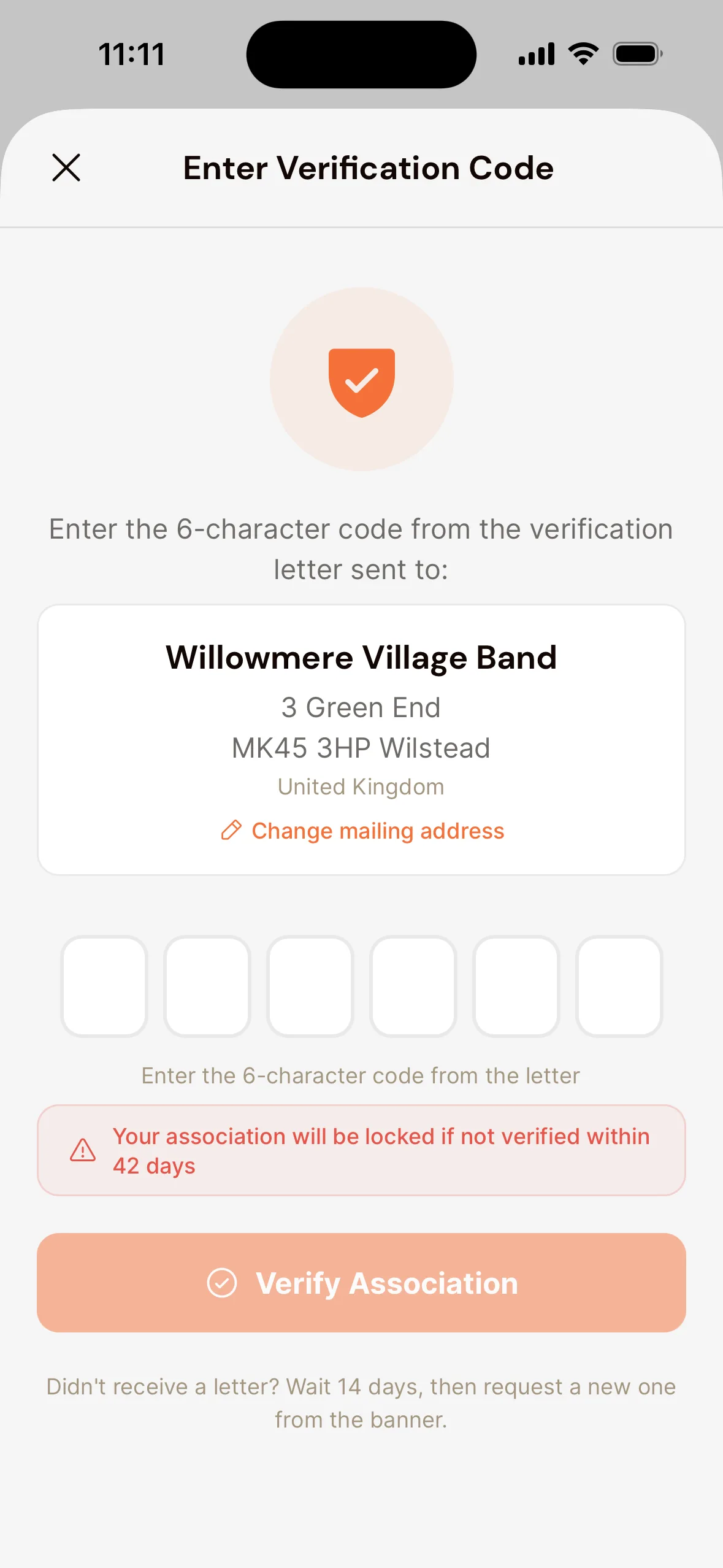 The Enter Verification Code window in the app: the association's name and the mailing address the letter went to, with Change mailing address, six boxes for the code, a notice of how many days are left and the Verify Association button.