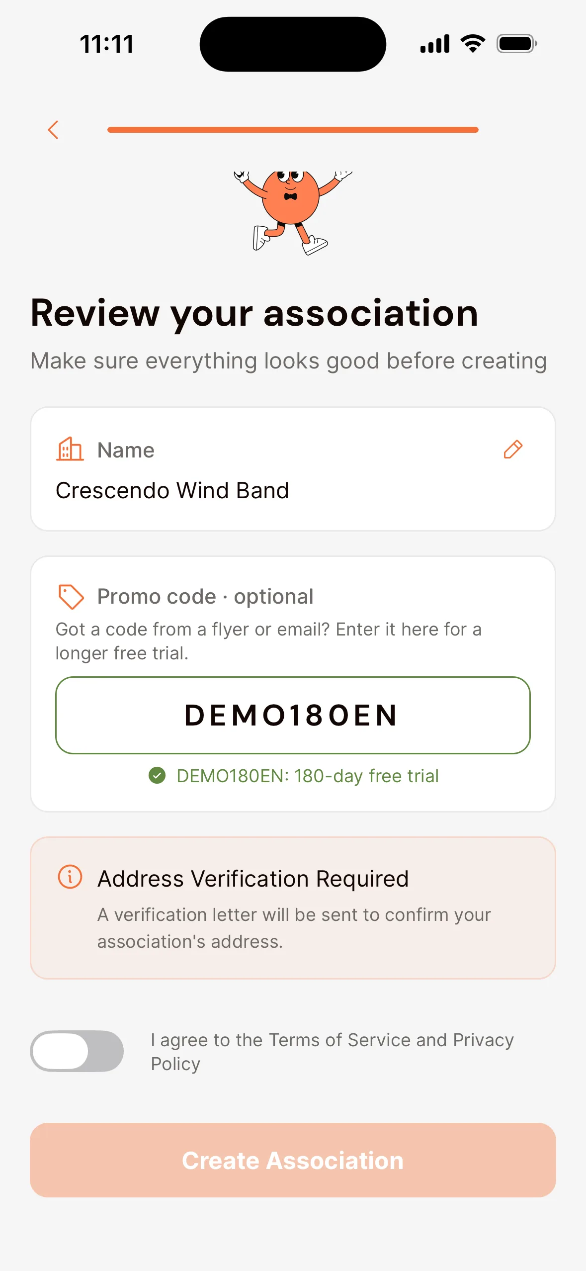 The last step of a new association in the app, Review your association: the name, and under Promo code · optional an entered code with the length of the free trial you get.