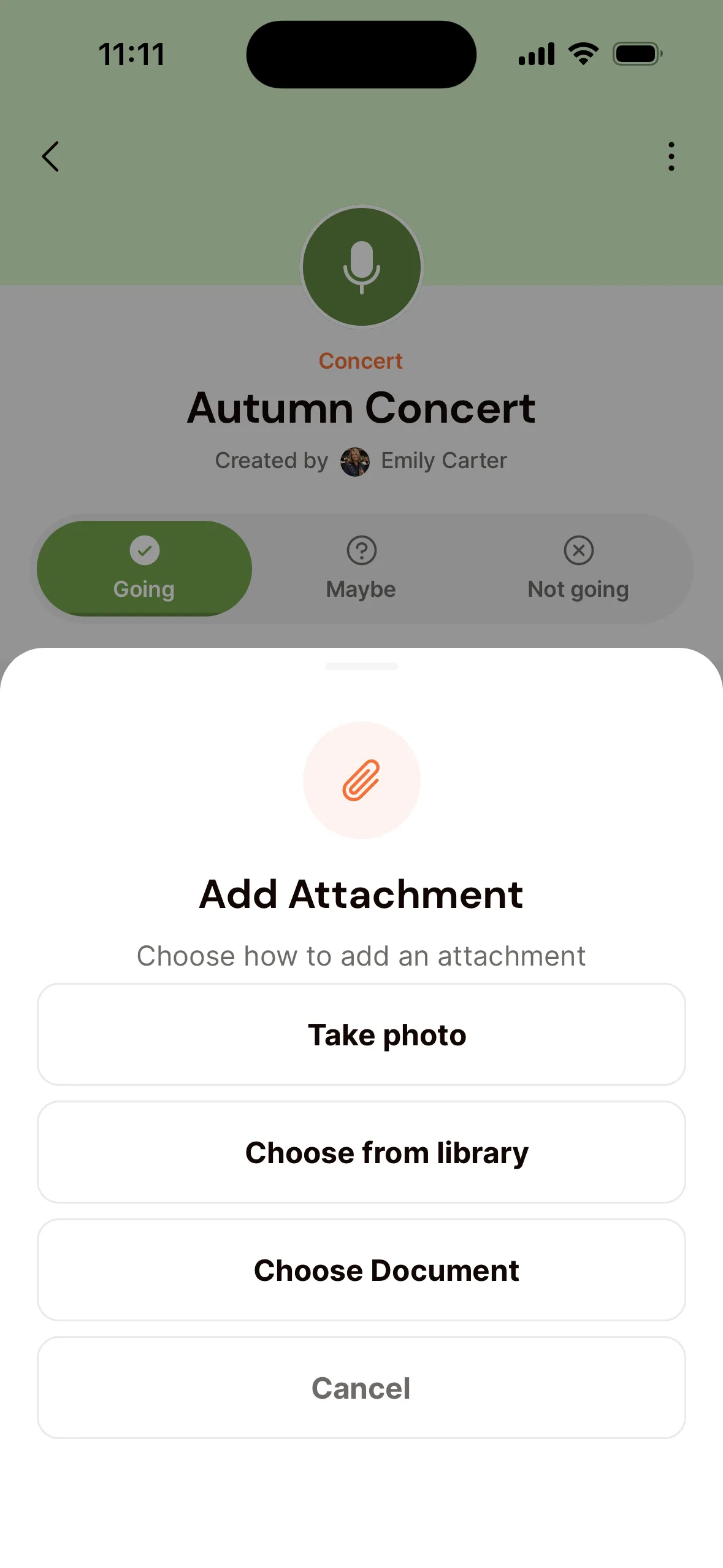 A concert in the app with the Add Attachment window: the Take photo, Choose from library and Choose Document buttons, and Cancel.