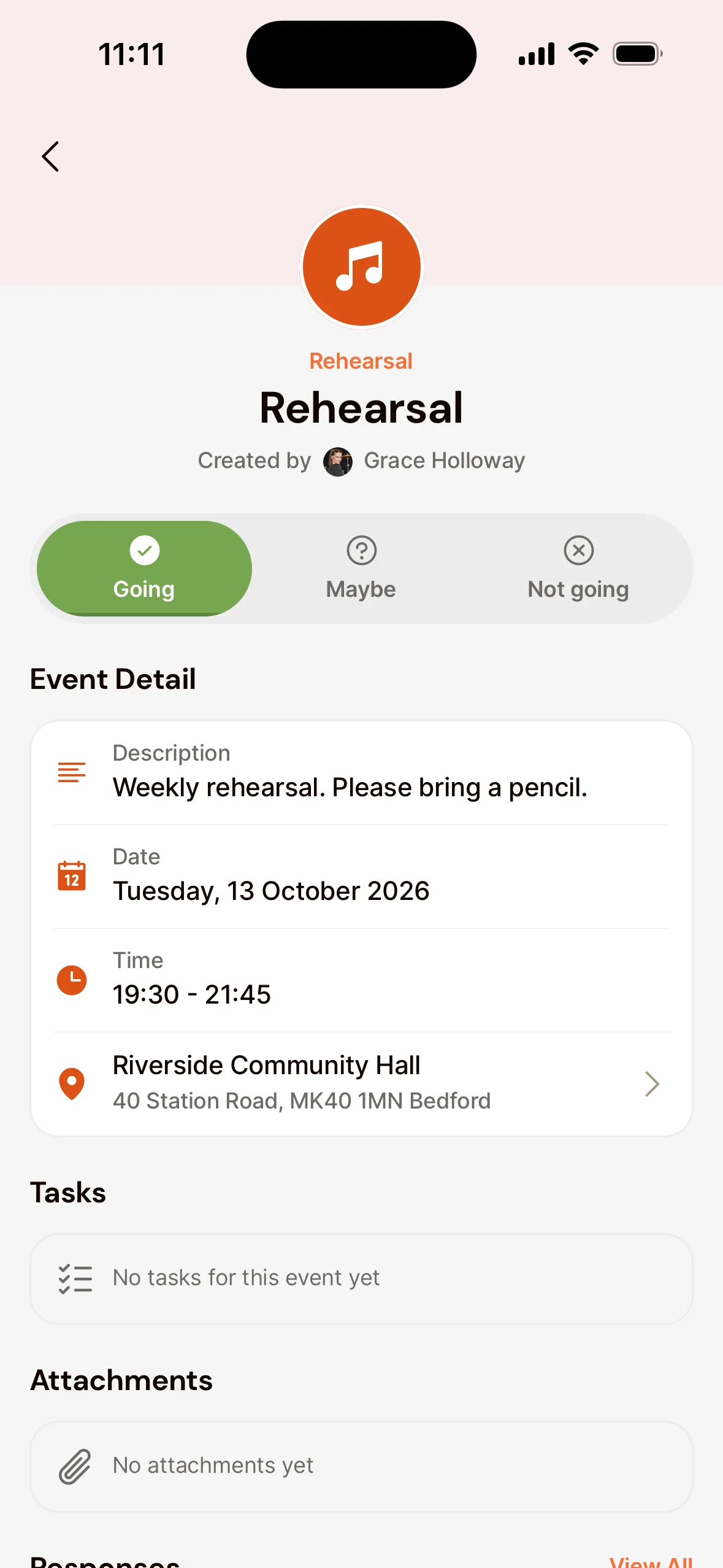 A rehearsal in the app as a member sees it: at the top the Going (chosen), Maybe and Not going buttons, below them the date, the time and the venue.