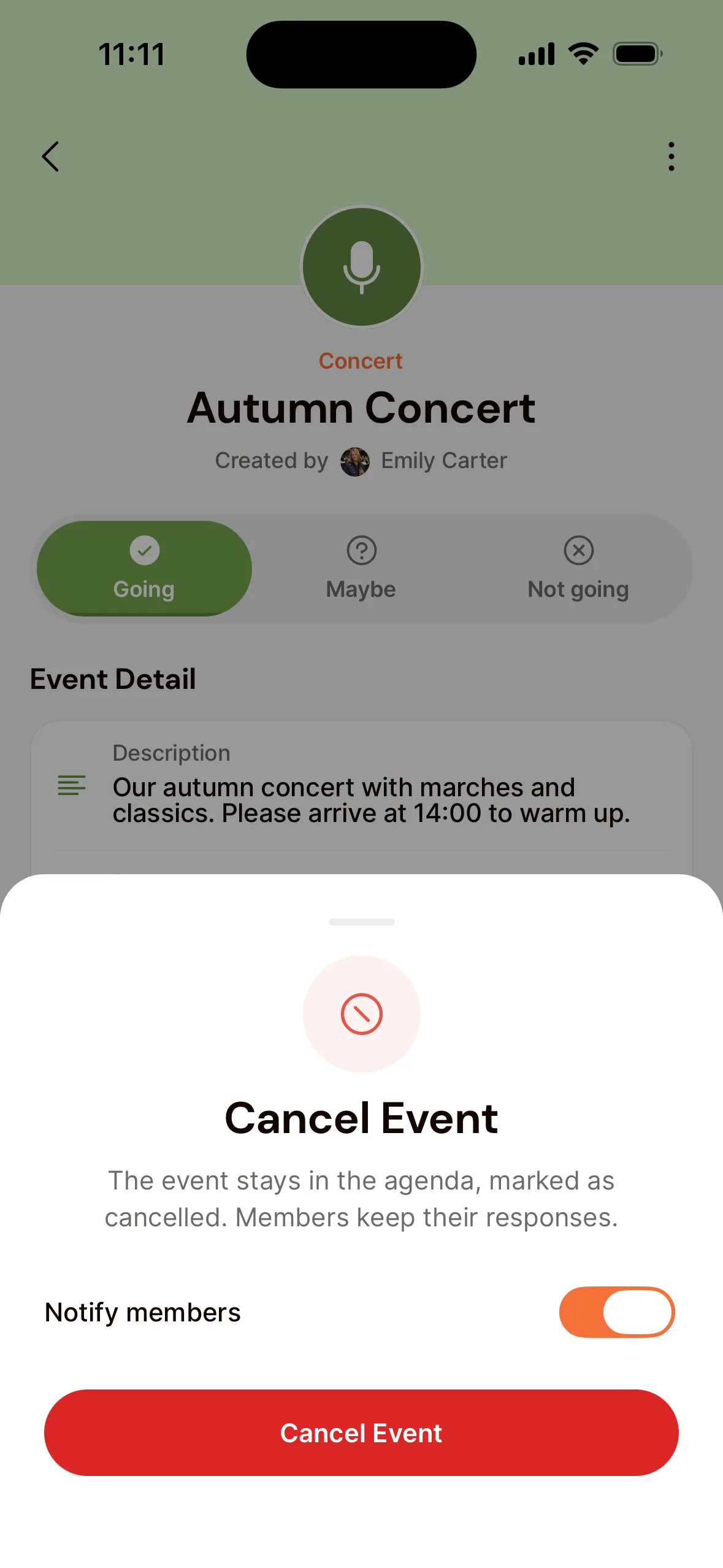 A concert in the app with the Cancel Event window: it explains the event stays in the agenda marked as cancelled, the Notify members switch is on, and the Cancel Event button.