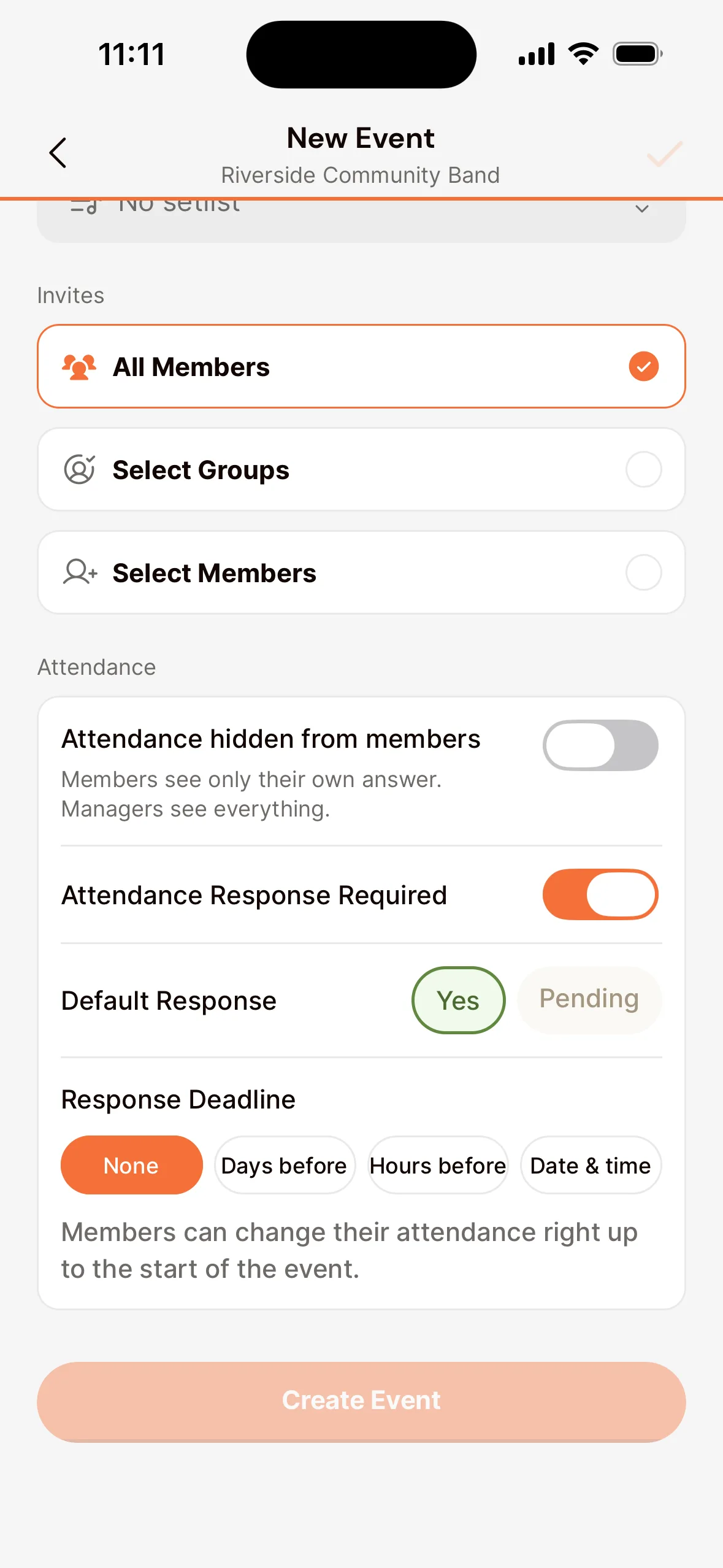 The New Event screen in the app at Invites (All Members, Select Groups, Select Members) and Attendance: the Attendance hidden from members and Attendance Response Required switches, Default Response and Response Deadline.