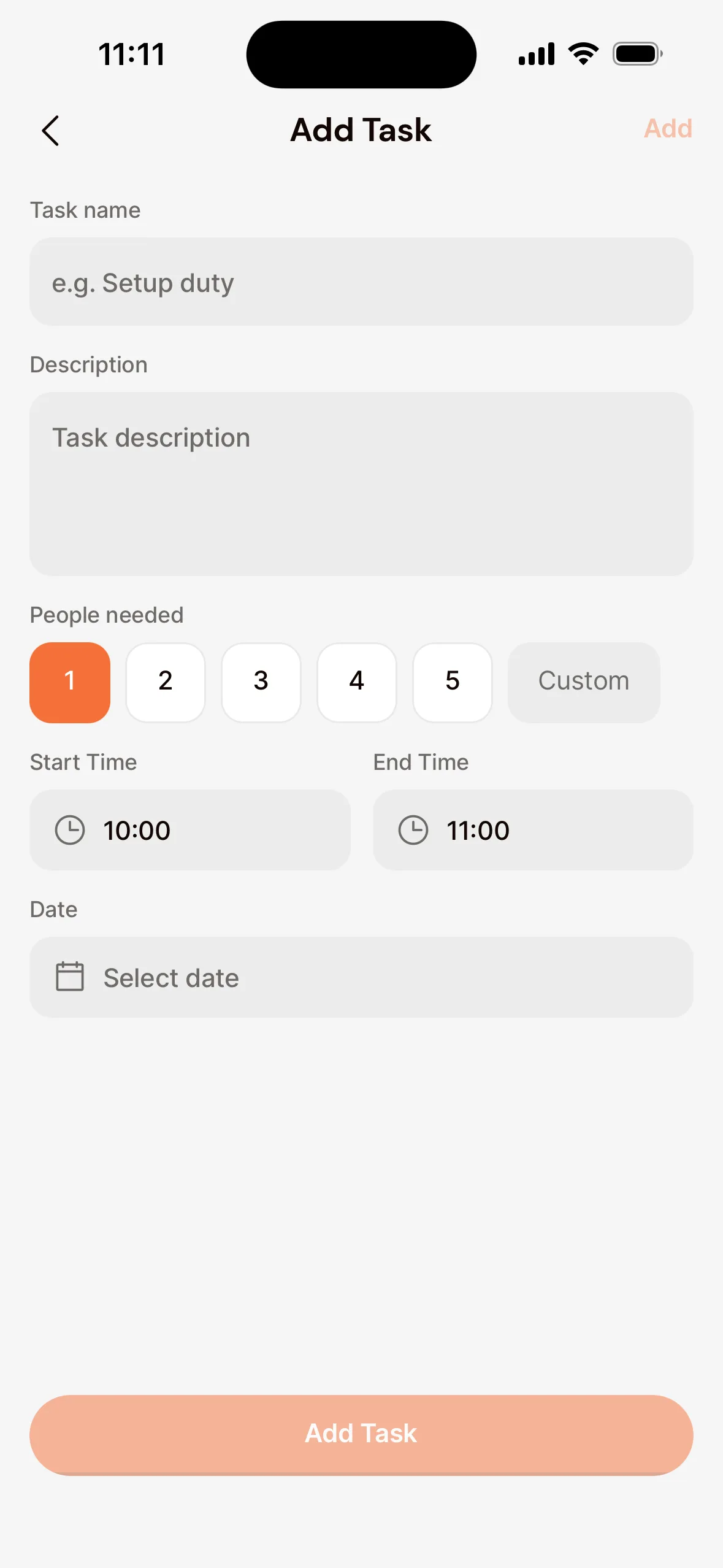 The Add Task screen in the app: the Task name and Description fields, People needed (1 to 5 or Custom), Start Time, End Time and Date, and the Add Task button.