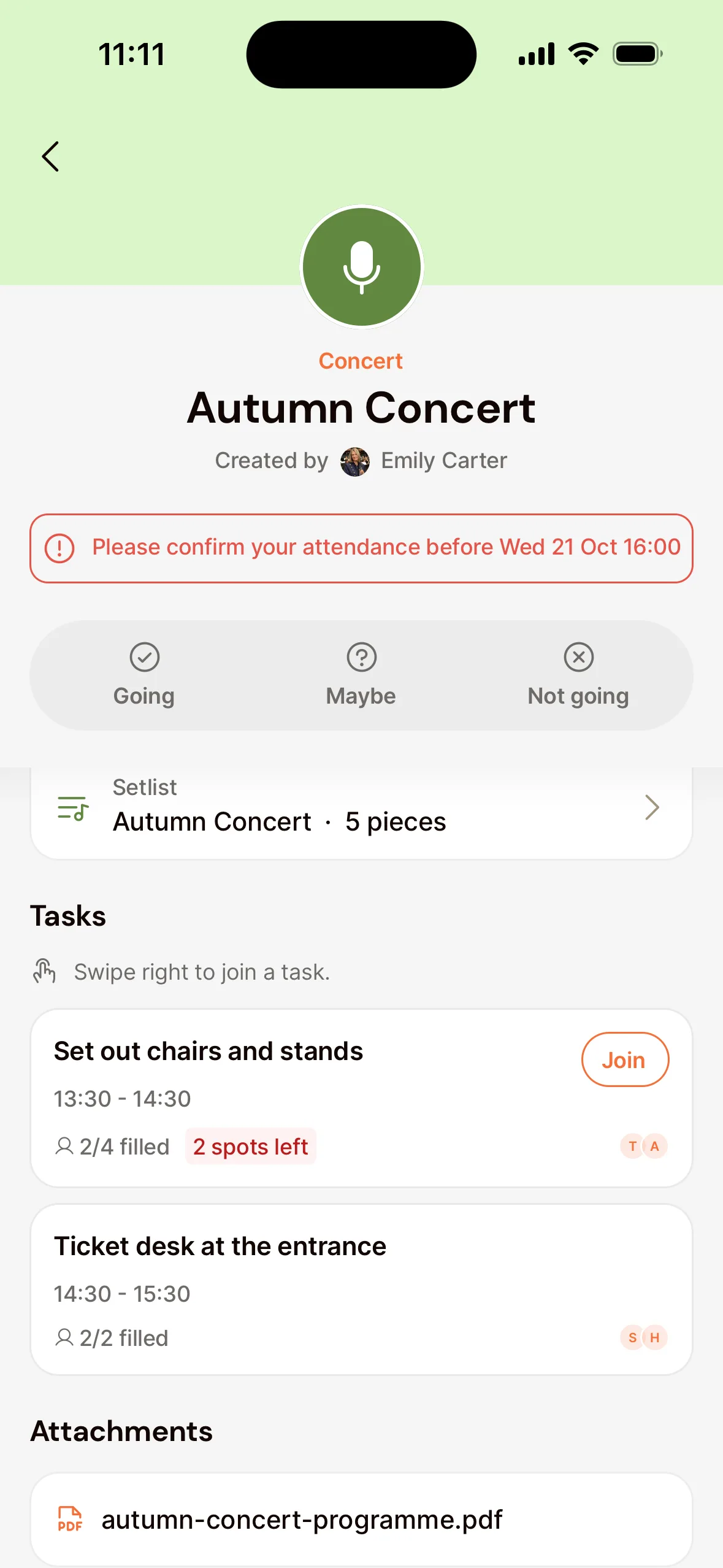 A concert in the app as a member sees it, at Tasks: the tip Swipe right to join a task, and two tasks with their time and how full they are, such as 2/4 filled with 2 spots left and the Join button.