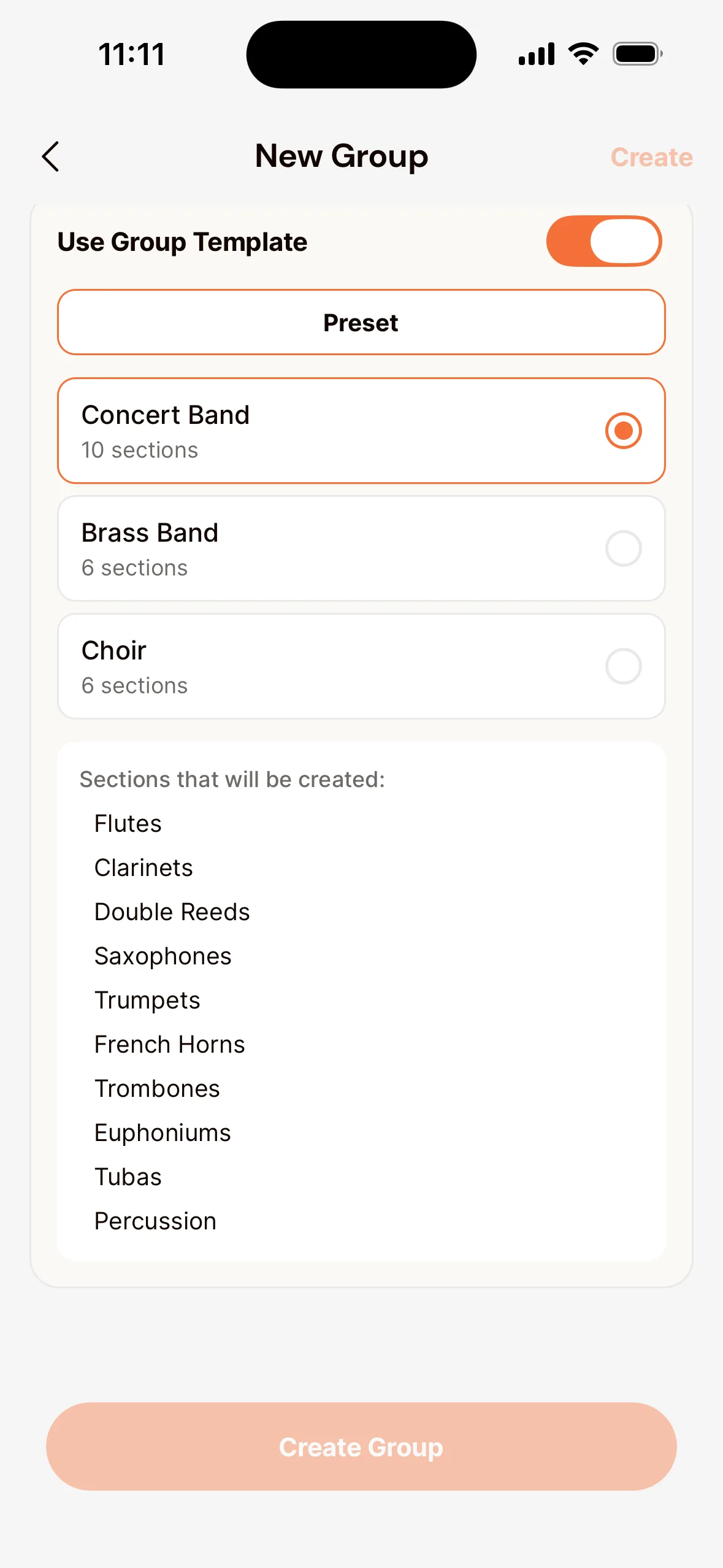 The New Group screen in the app for a new association: Use Group Template is on, the Concert Band preset is chosen (next to Brass Band and Choir), with the sections that will be created below it, such as Flutes, Clarinets and Percussion.