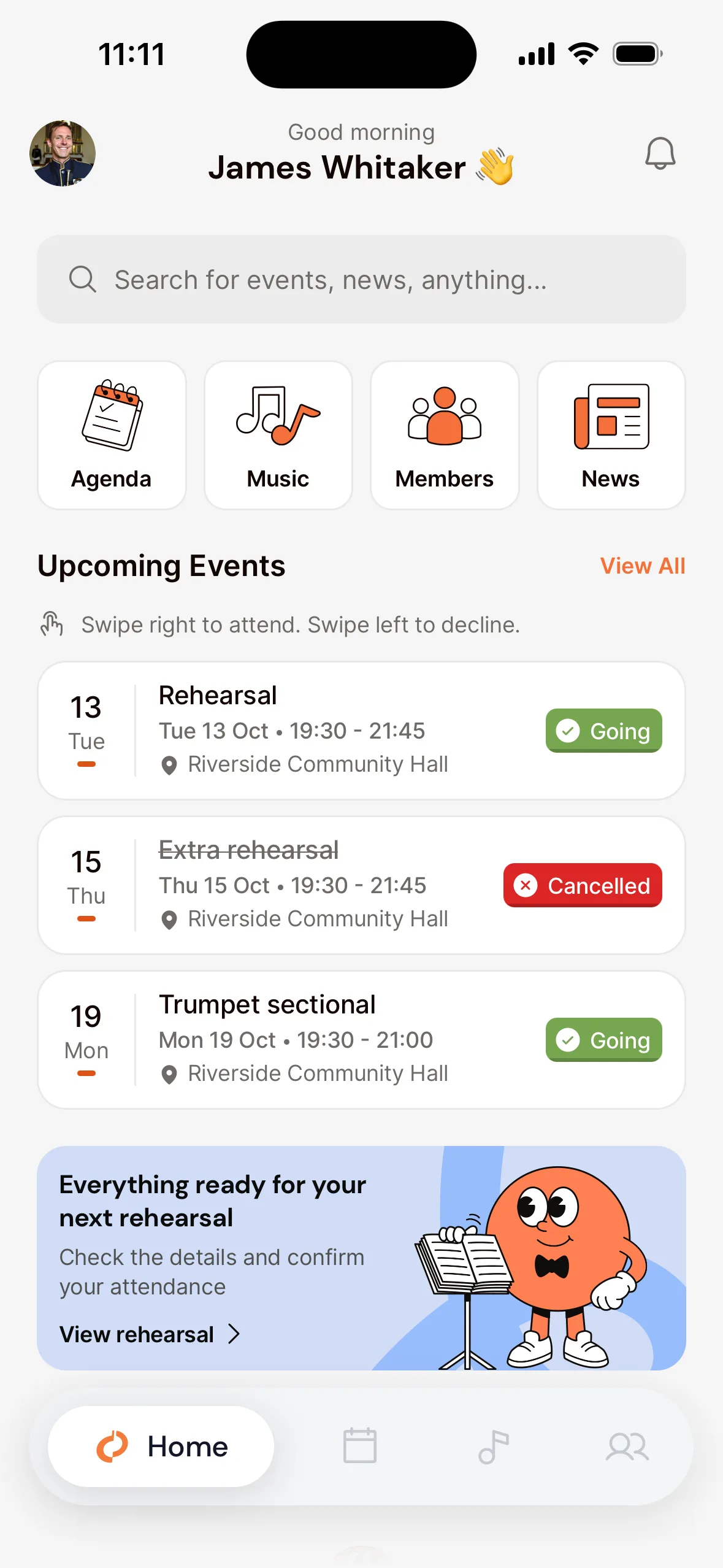 The Home tab in the app: the profile photo and the bell at the top, the Agenda, Music, Members and News buttons, the upcoming events, and the tab bar with Home, Agenda, Music and Club at the bottom.