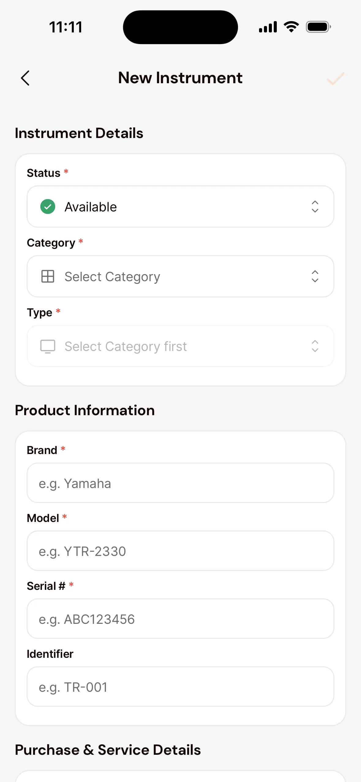 The New Instrument screen in the app: Status (Available), Category, Type and, under Product Information, the Brand, Model, Serial # and Identifier fields.