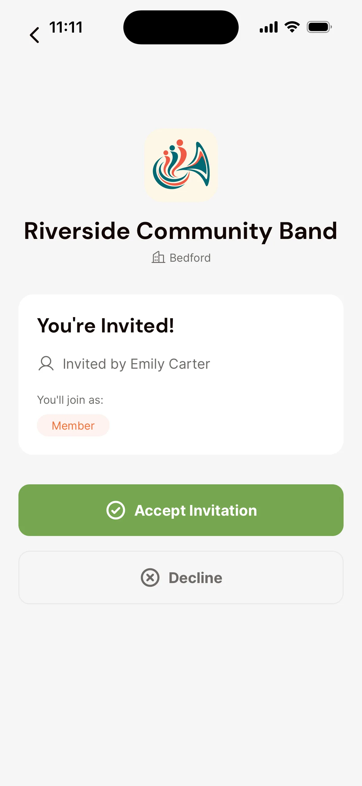 An invitation in the app: the association's logo and name, You're Invited! with who invited you, the role Member under You'll join as:, and the Accept Invitation and Decline buttons.