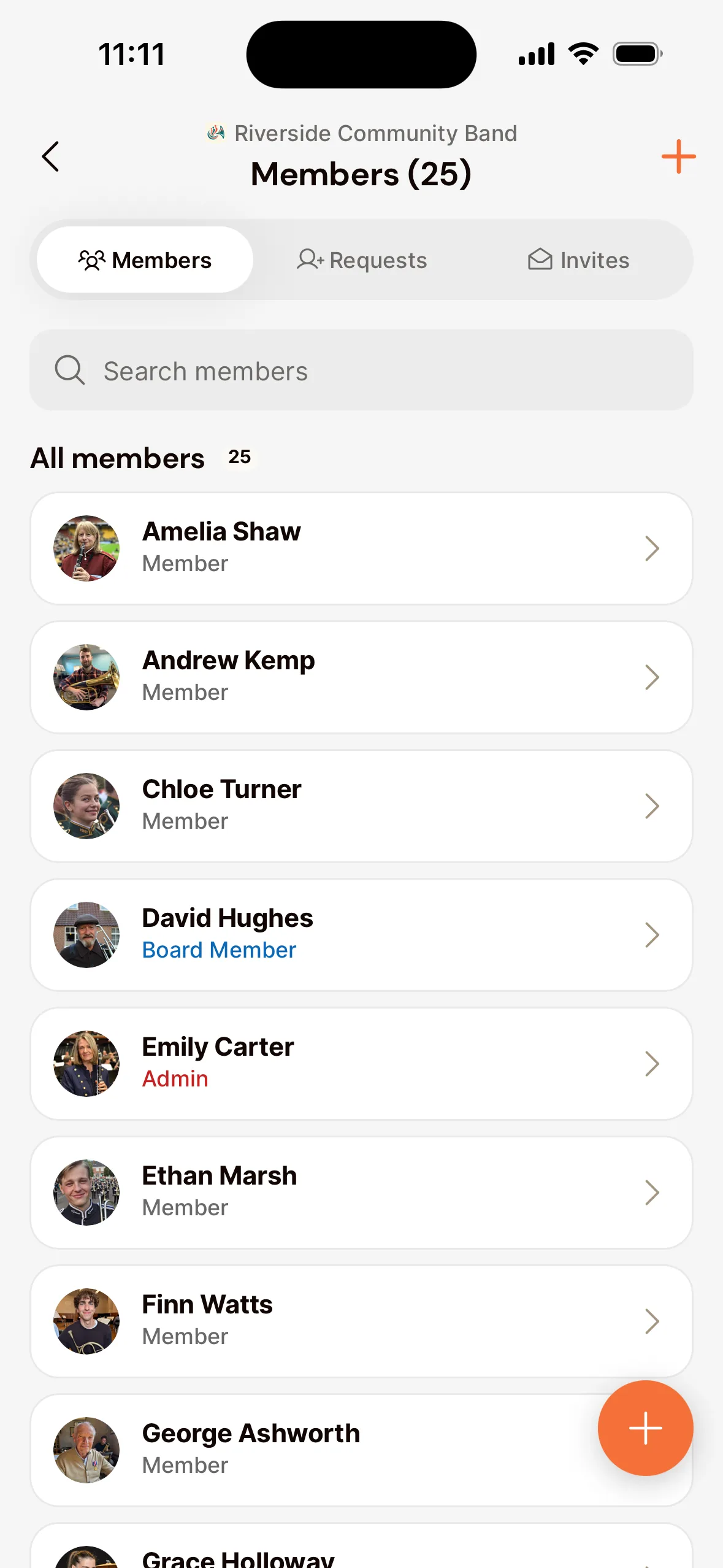 The members list in the app for an admin: the Members, Requests and Invites tabs, the search field and the members with their role, with the plus button at the top right and bottom right to add members.