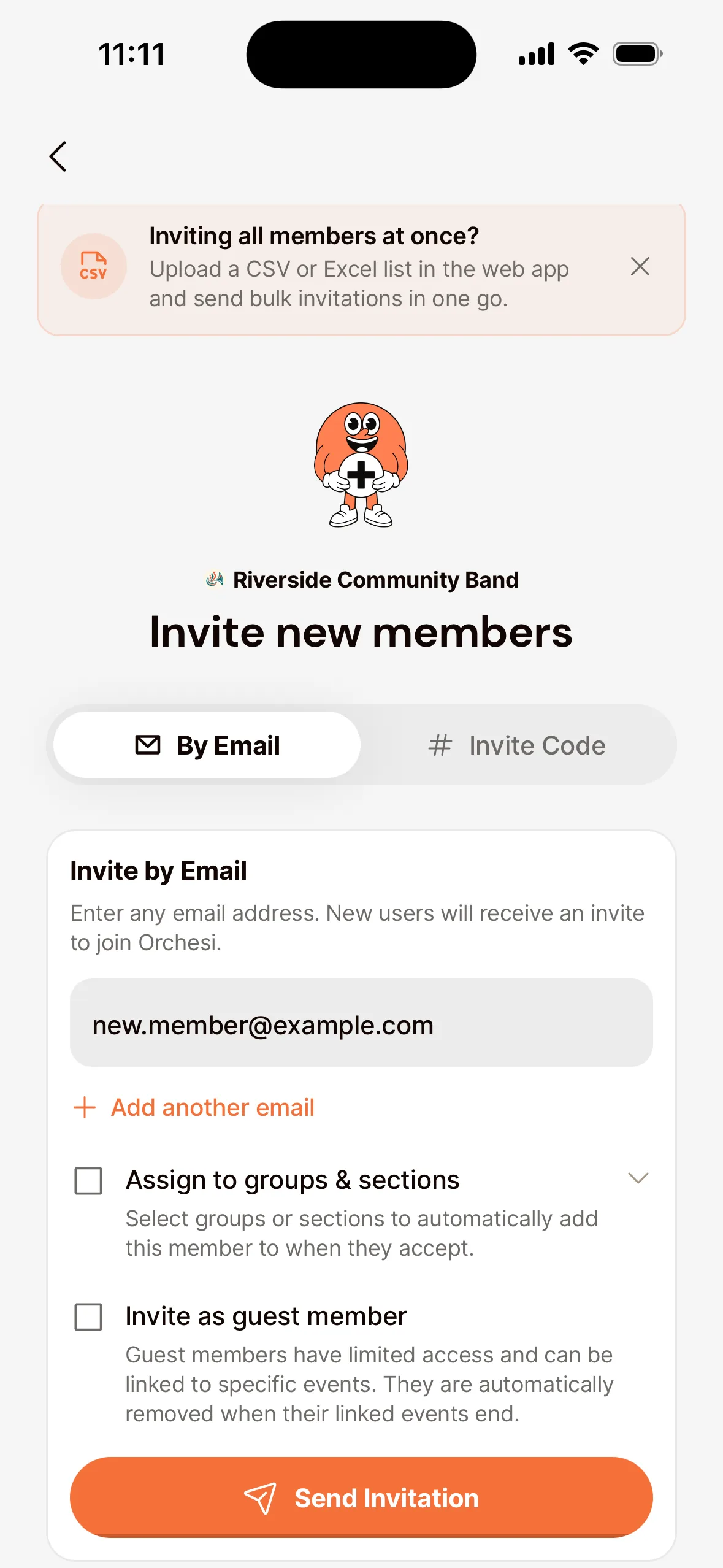 The Invite new members screen in the app, By Email tab: an email address filled in, Add another email, Assign to groups & sections, Invite as guest member and the Send Invitation button.