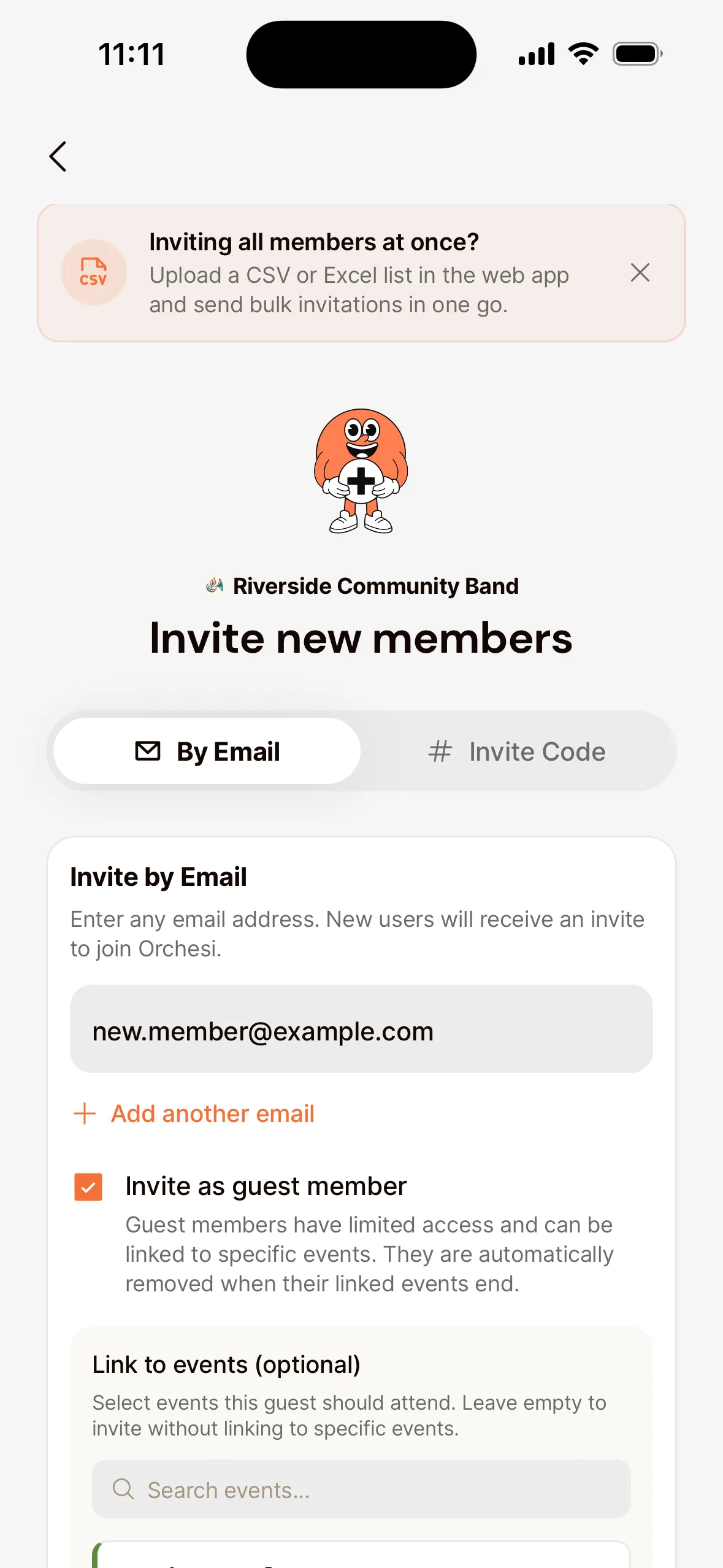 The Invite new members screen in the app with an email address filled in and Invite as guest member ticked, with Link to events (optional) below it.