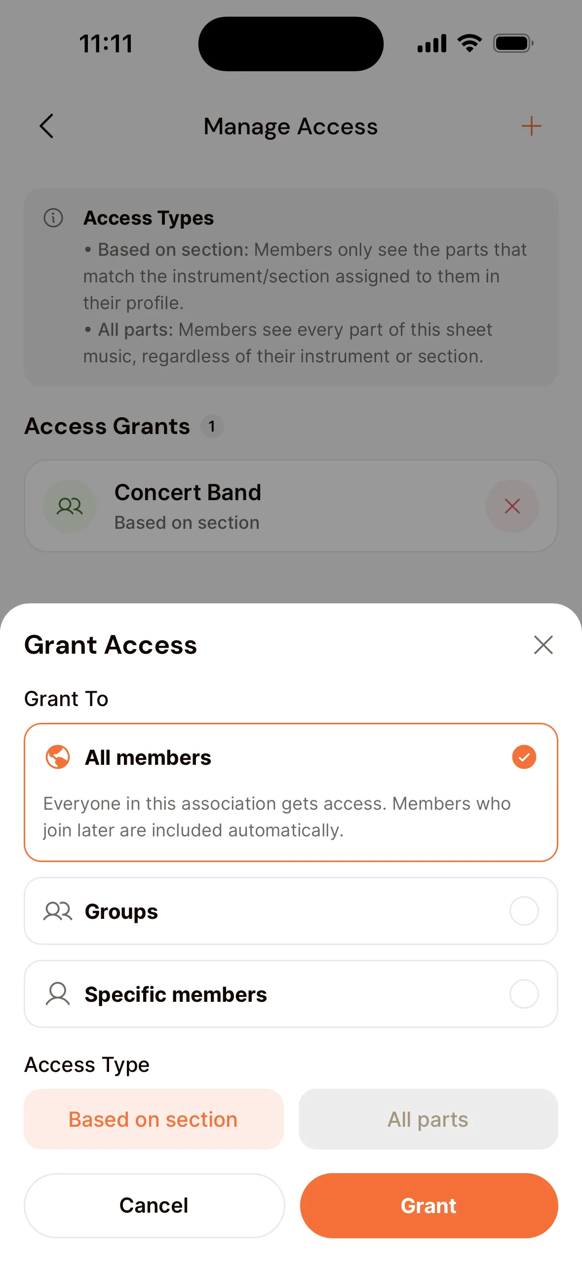 A piece's Manage Access screen in the app with the Grant Access window: Grant To All members, Groups or Specific members, Access Type Based on section or All parts, and the Cancel and Grant buttons.