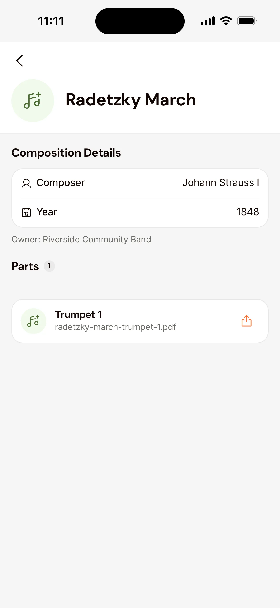 A piece in the app as a member sees it: the title, the composer and year under Composition Details, and under Parts their own part as a PDF.