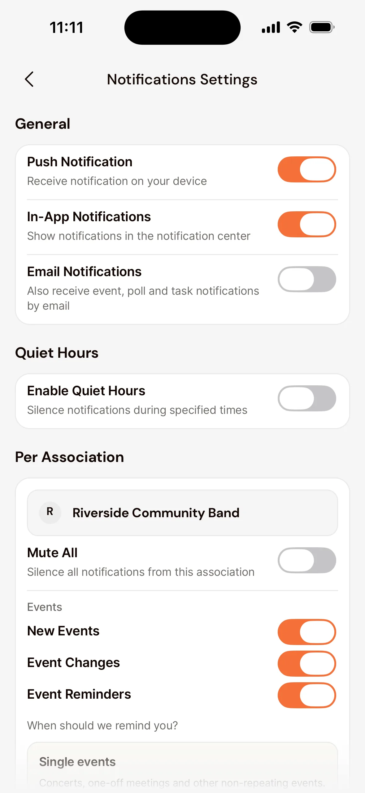 Notification settings in the app: under General Push Notification (on), In-App Notifications and Email Notifications, Quiet Hours, and under Per Association Mute All and the topics New Events, Event Changes and Event Reminders.