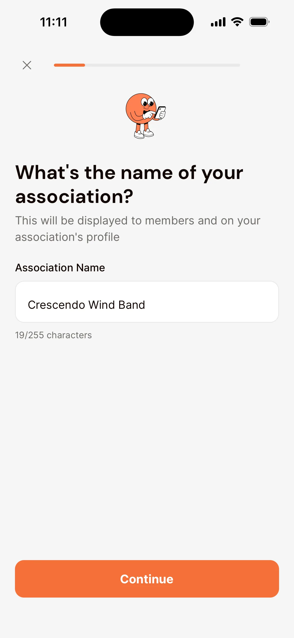 The first step of a new association in the app: What's the name of your association?, with an example name under Association Name and the Continue button.