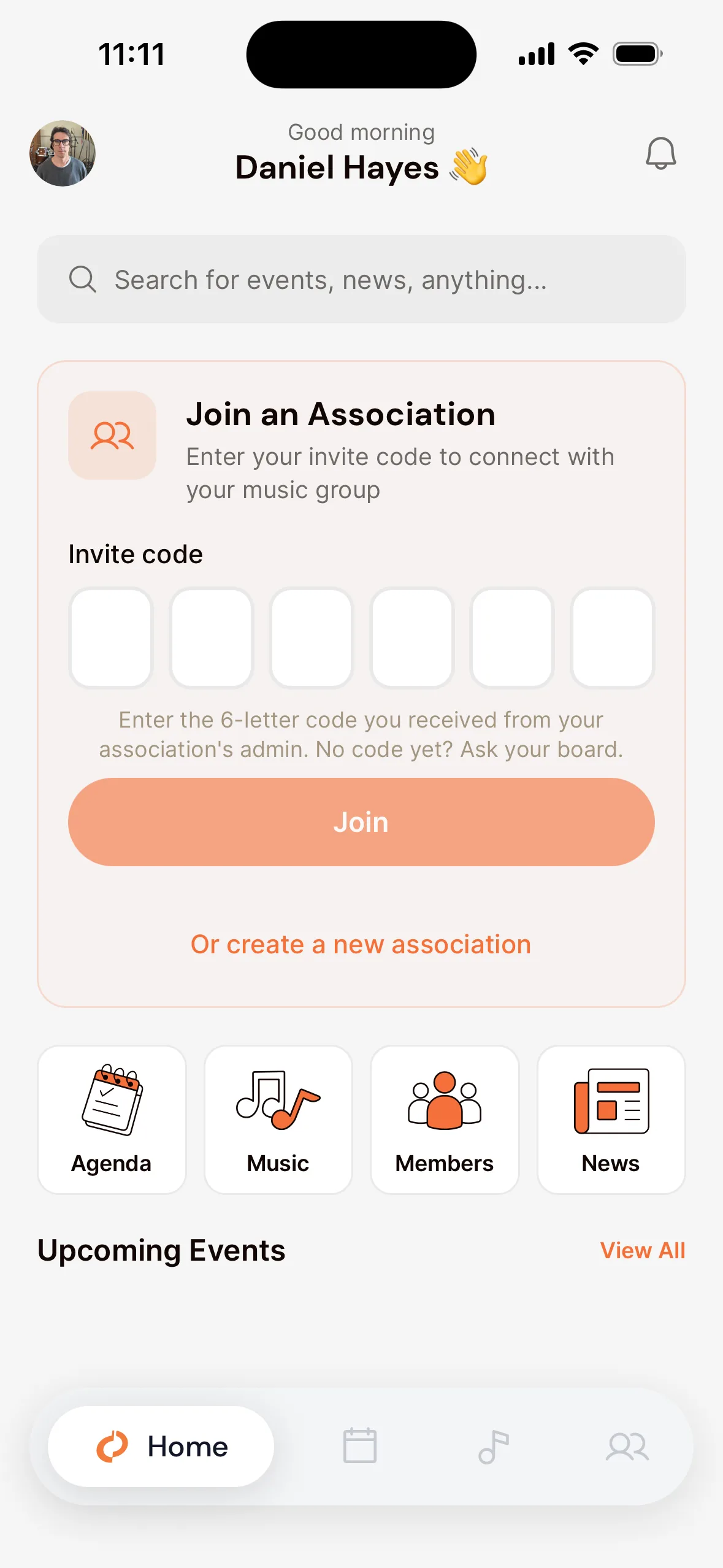 The Home tab in the app for someone without an association: the Join an Association box with six empty boxes under Invite code, the Join button and the link Or create a new association.