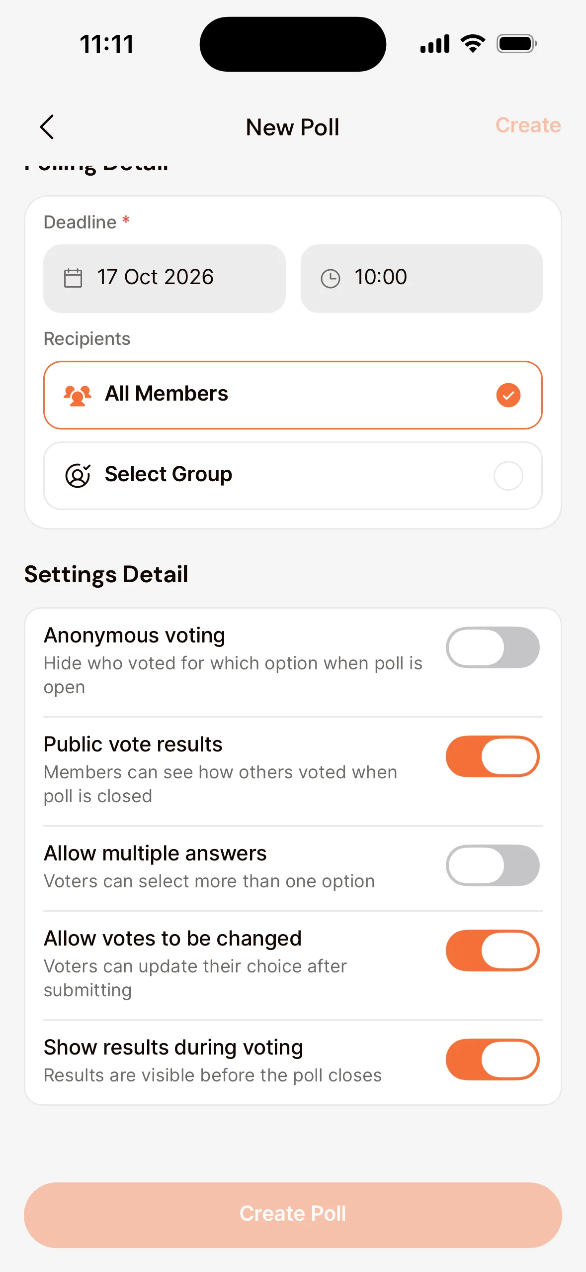 The New Poll screen in the app at Deadline, Recipients and the settings: Anonymous voting, Public vote results, Allow multiple answers, Allow votes to be changed and Show results during voting.
