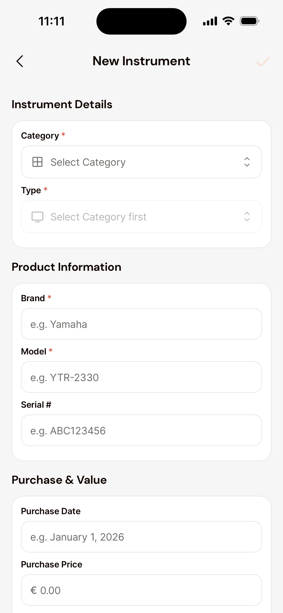 The New Instrument screen for your own instrument in the app: Category and Type under Instrument Details, Brand, Model and Serial # under Product Information, and Purchase Date and Purchase Price under Purchase & Value.