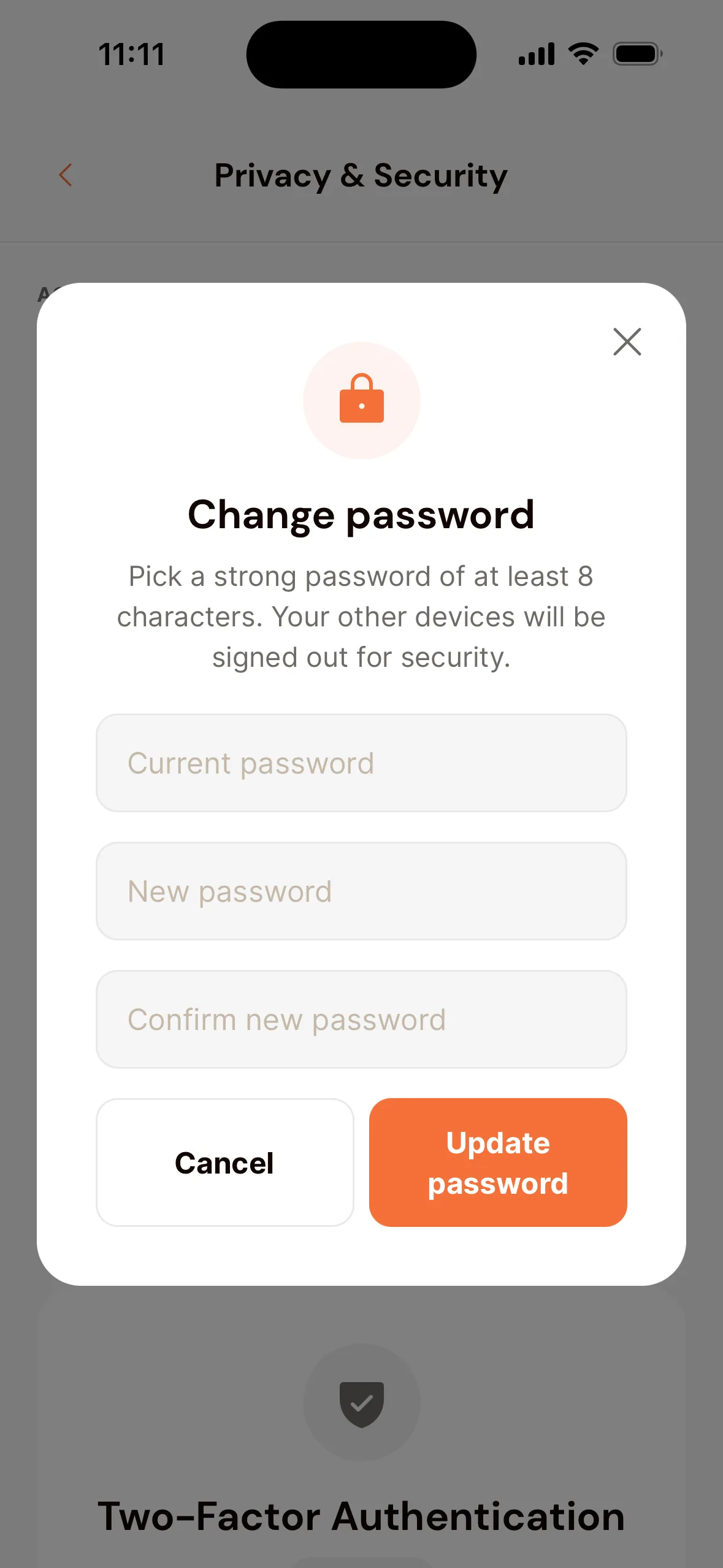 The Change password window in the app: the Current password, New password and Confirm new password fields, and the Cancel and Update password buttons.