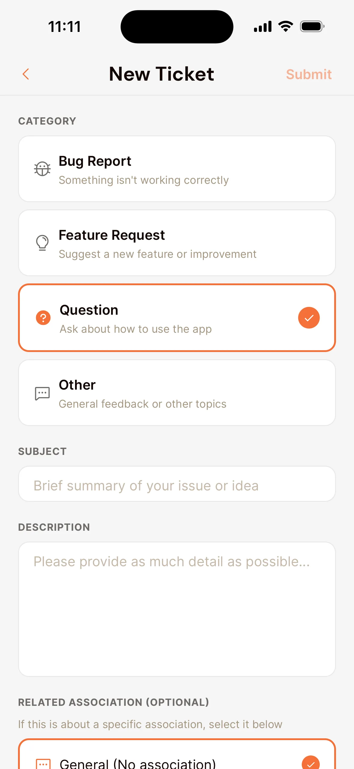 The New Ticket screen in the app: under Category Bug Report, Feature Request, Question (chosen) and Other, the Subject and Description fields, and Related Association (Optional).