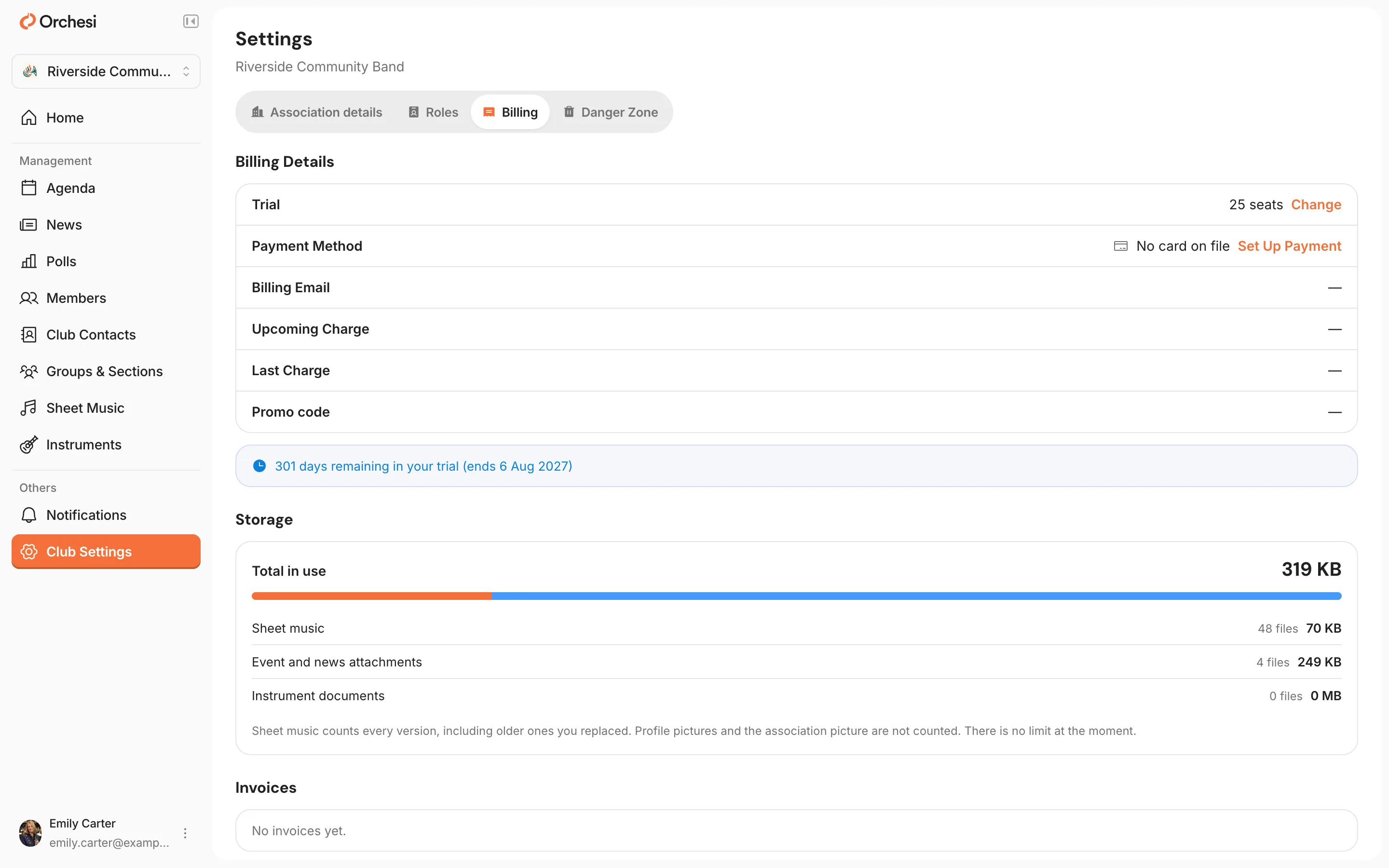 The association's settings, Billing tab: Trial with the number of seats and Change, Payment Method with Set Up Payment, Billing Email, Upcoming Charge and Last Charge, Promo code, how many days of the trial are left, Storage and Invoices.