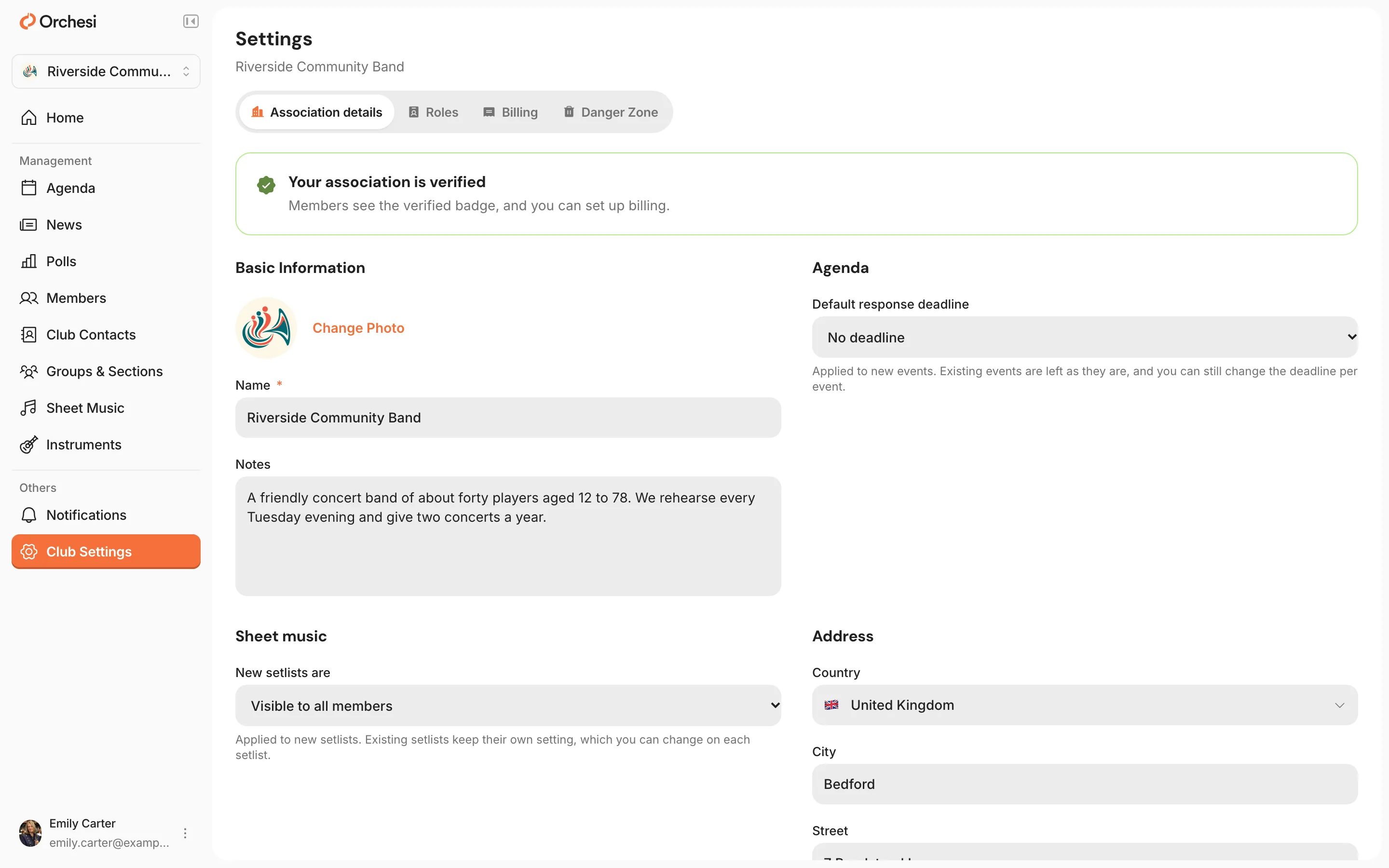The association's settings, Association details tab: Your association is verified, Basic Information with photo, name and notes, Agenda, Sheet music and Address.