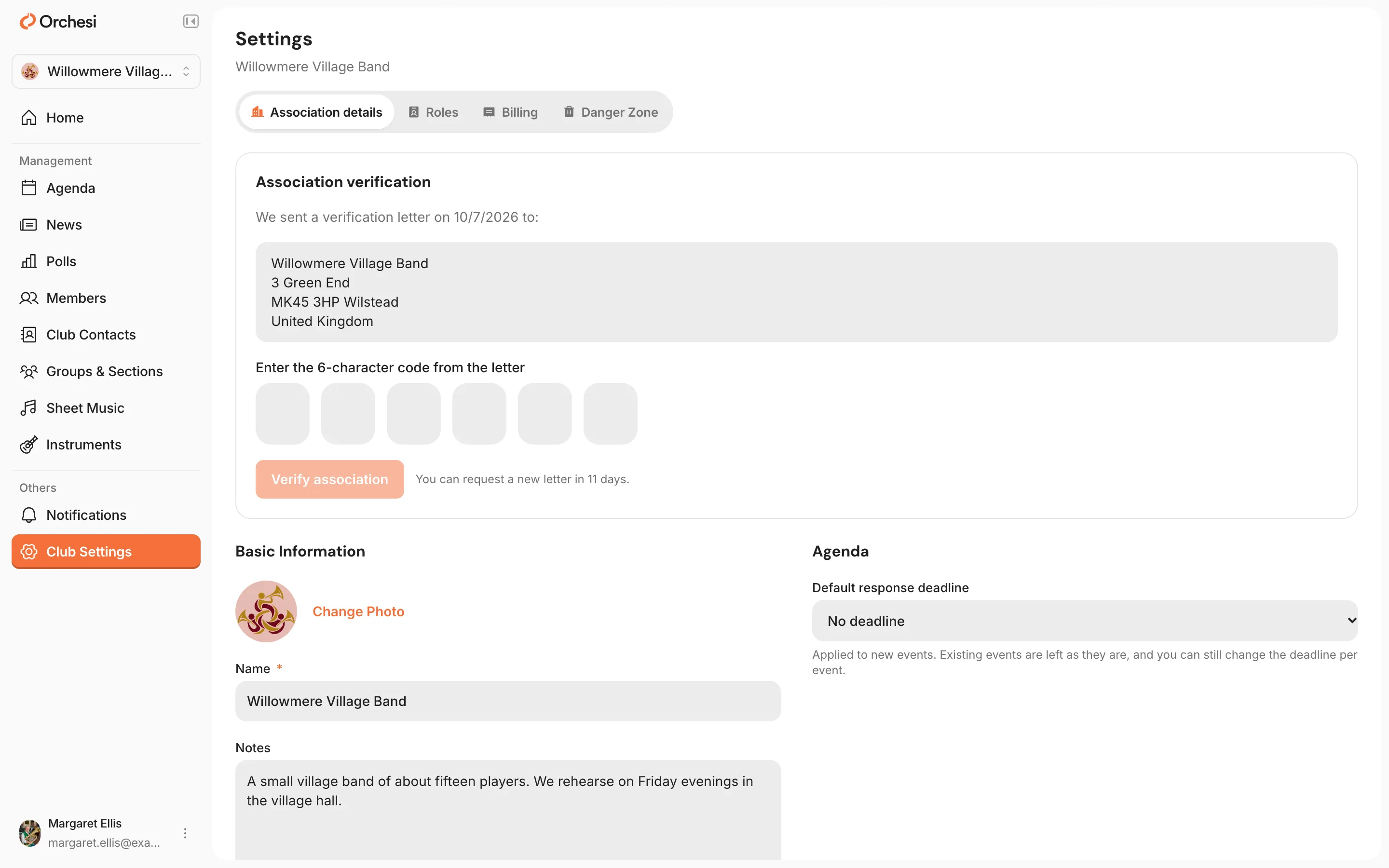 The settings of an association that is not verified yet: under Association verification the address the letter went to, six boxes for the code from the letter and the Verify association button.