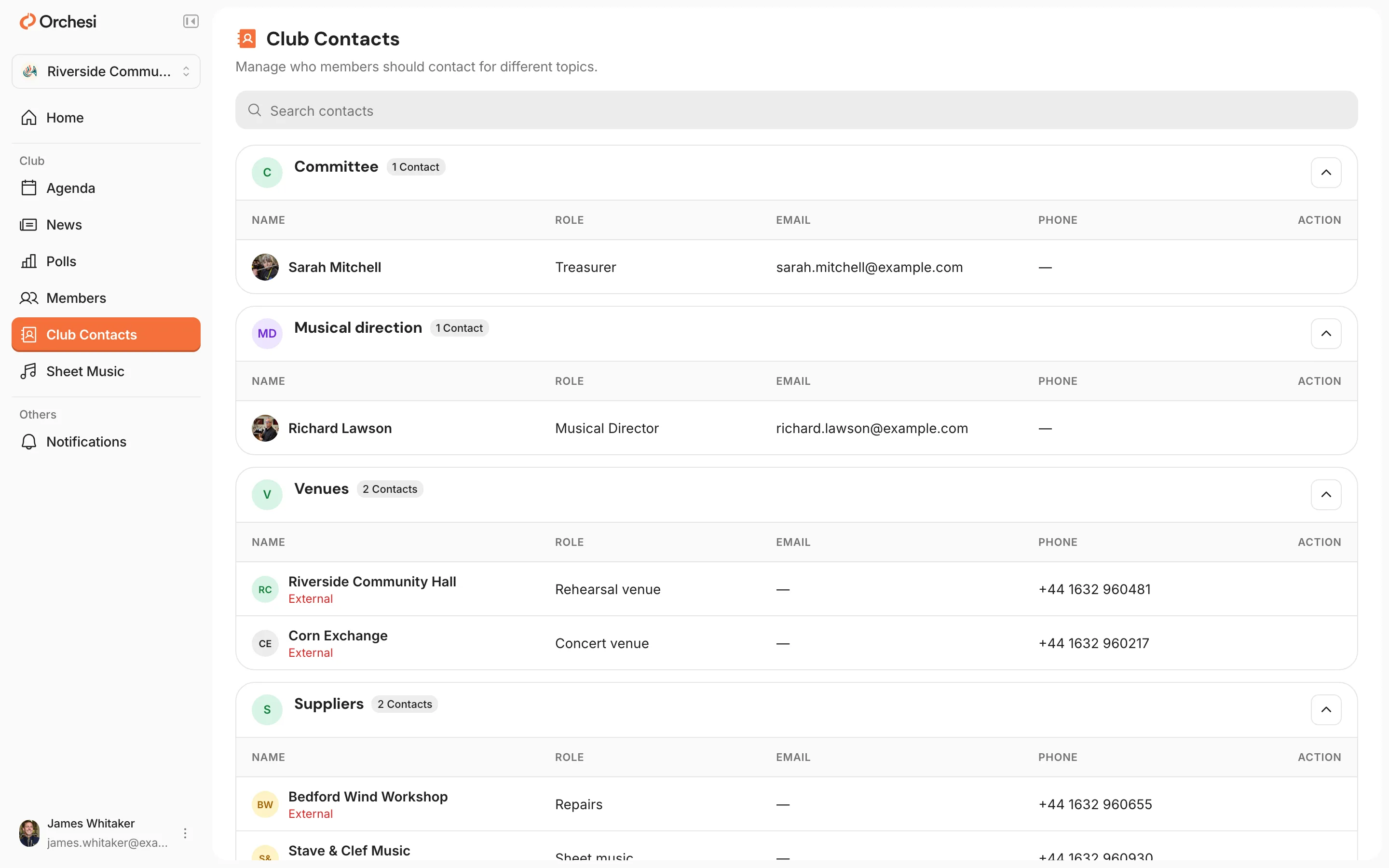 Club Contacts in the web app: per topic, such as Committee, Musical direction, Venues and Suppliers, the contacts with their role, email address and phone number.