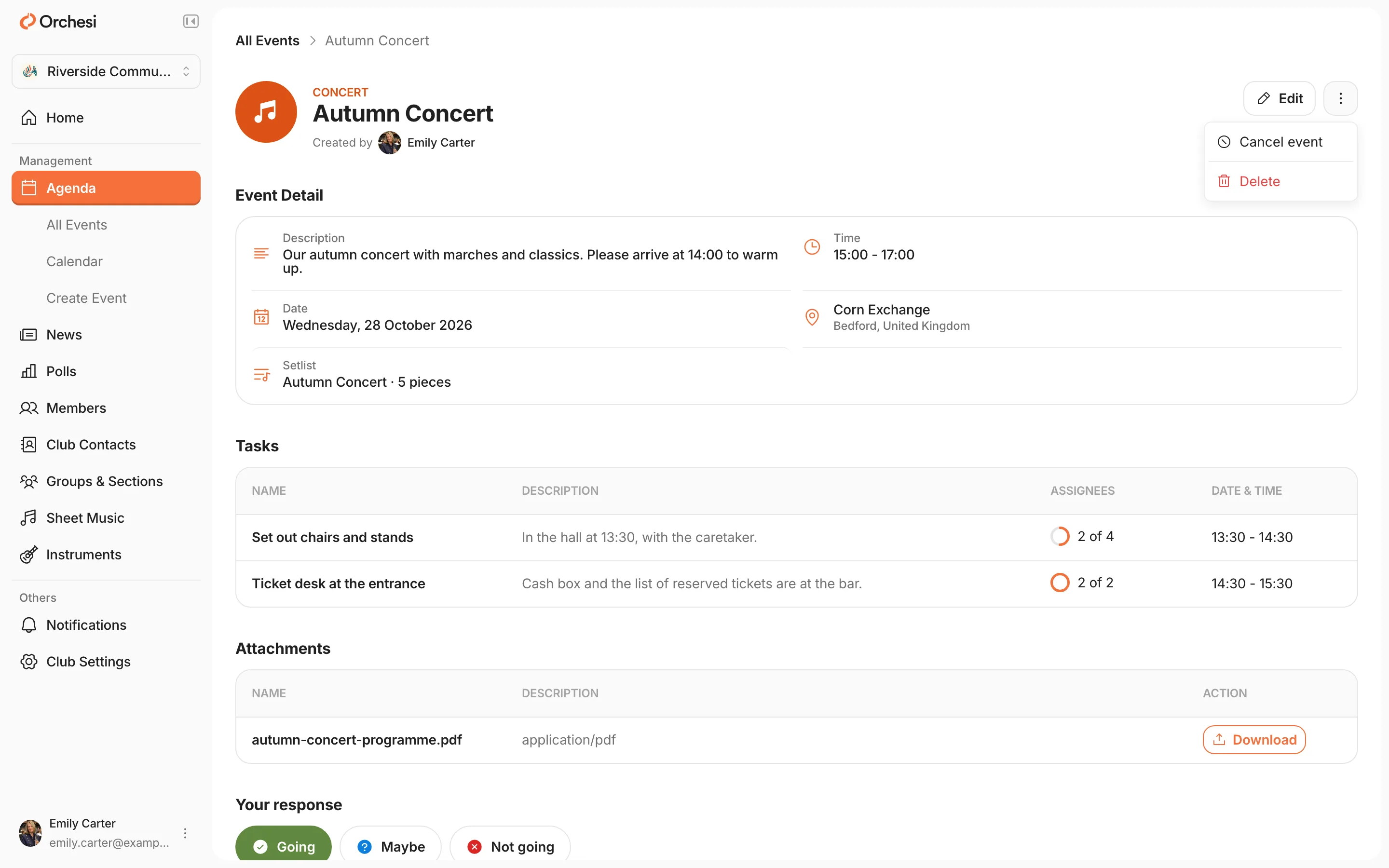 The autumn concert as an admin sees it, with Edit at the top right and the open menu with Cancel event and Delete.