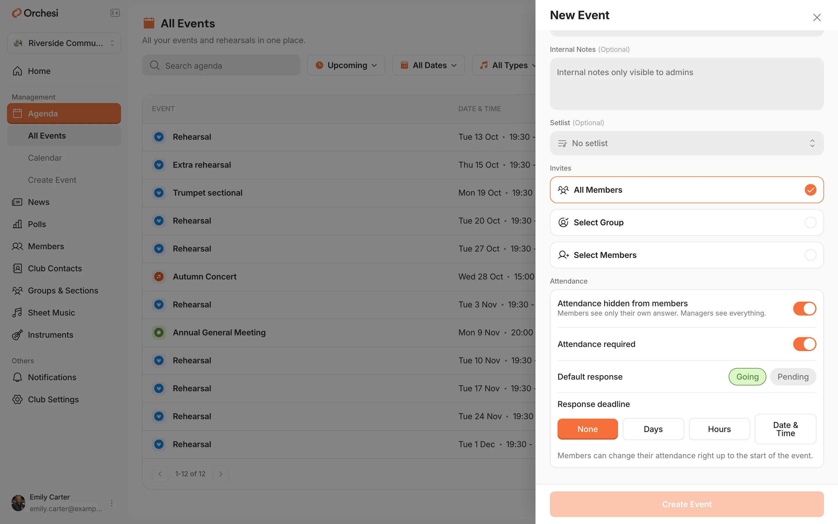 The New Event window at Attendance: the Attendance hidden from members switch is on, with Attendance required, Default response and Response deadline below it.