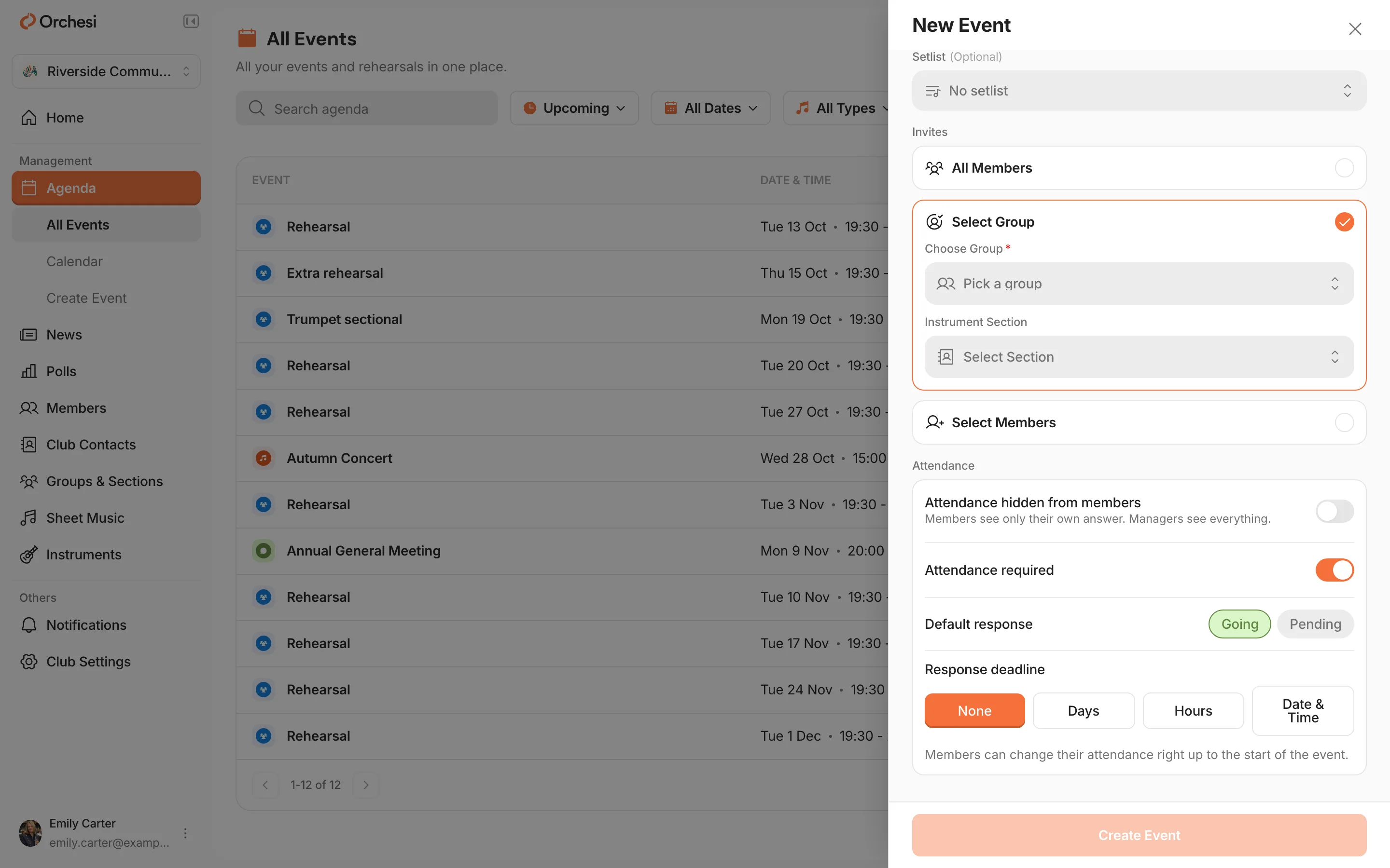 The New Event window at Invites: Select Group is chosen, with Choose Group and Instrument Section, with All Members above it and Select Members below.