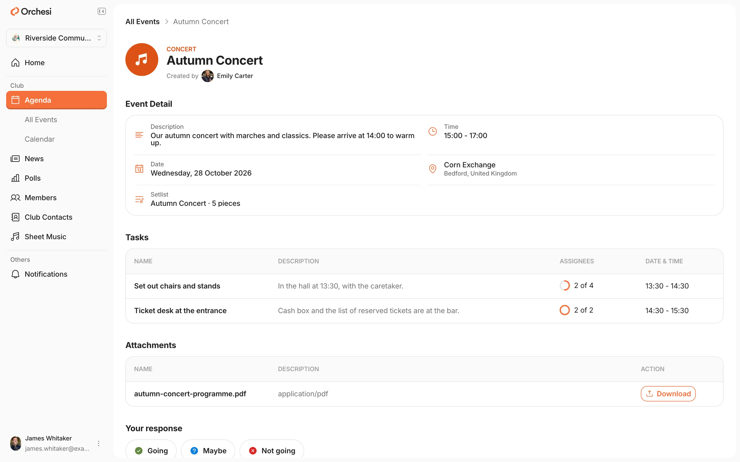 The autumn concert in the web app: under Tasks two tasks with a description, how many people signed up (2 of 4) and the time, and under Attachments the programme with a Download button.