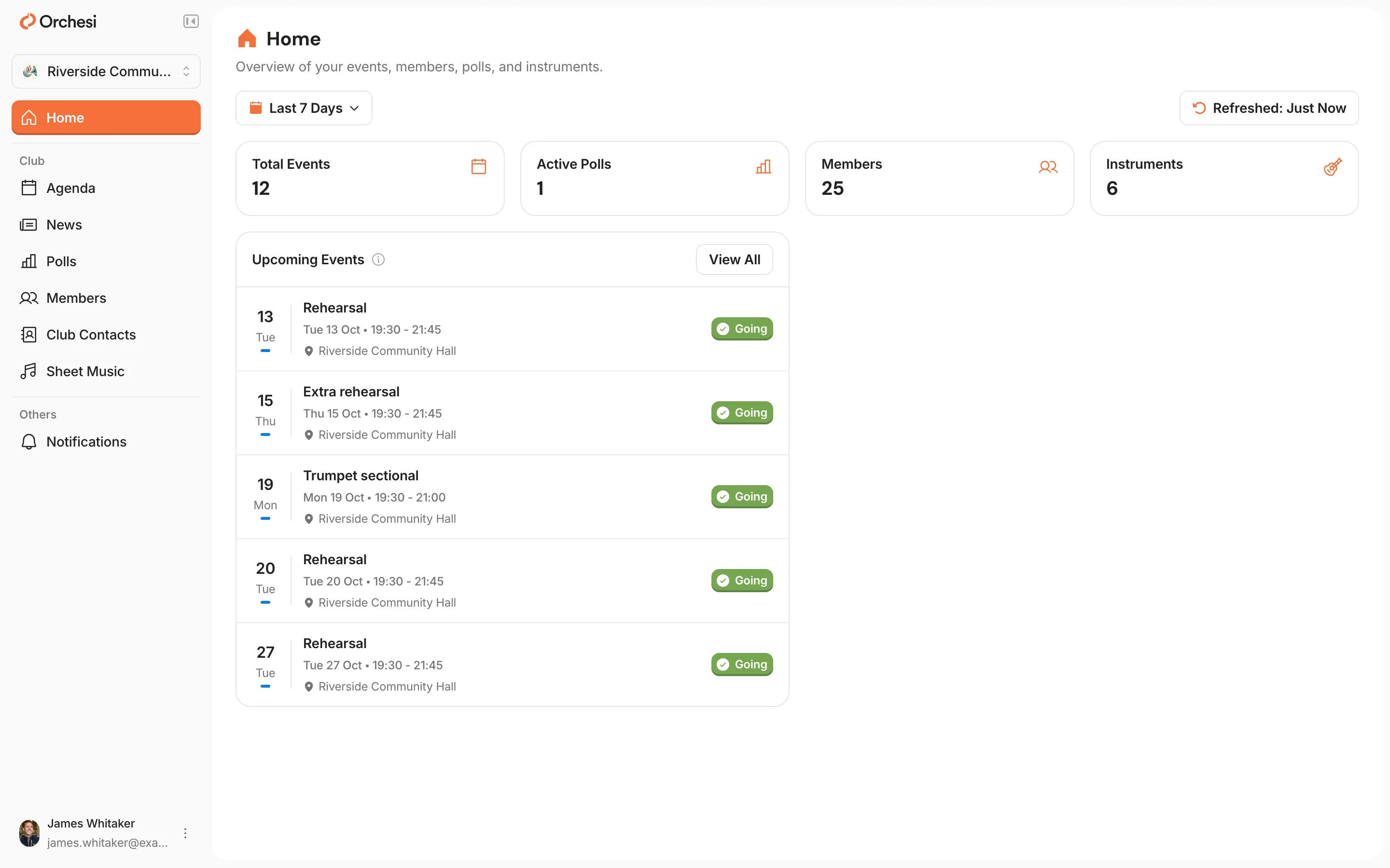 Home in the web app as a member sees it: on the left the menu with Home, Agenda, News, Polls, Members, Club Contacts, Sheet Music and Notifications, with your name at the bottom; on the right the counts and Upcoming Events.
