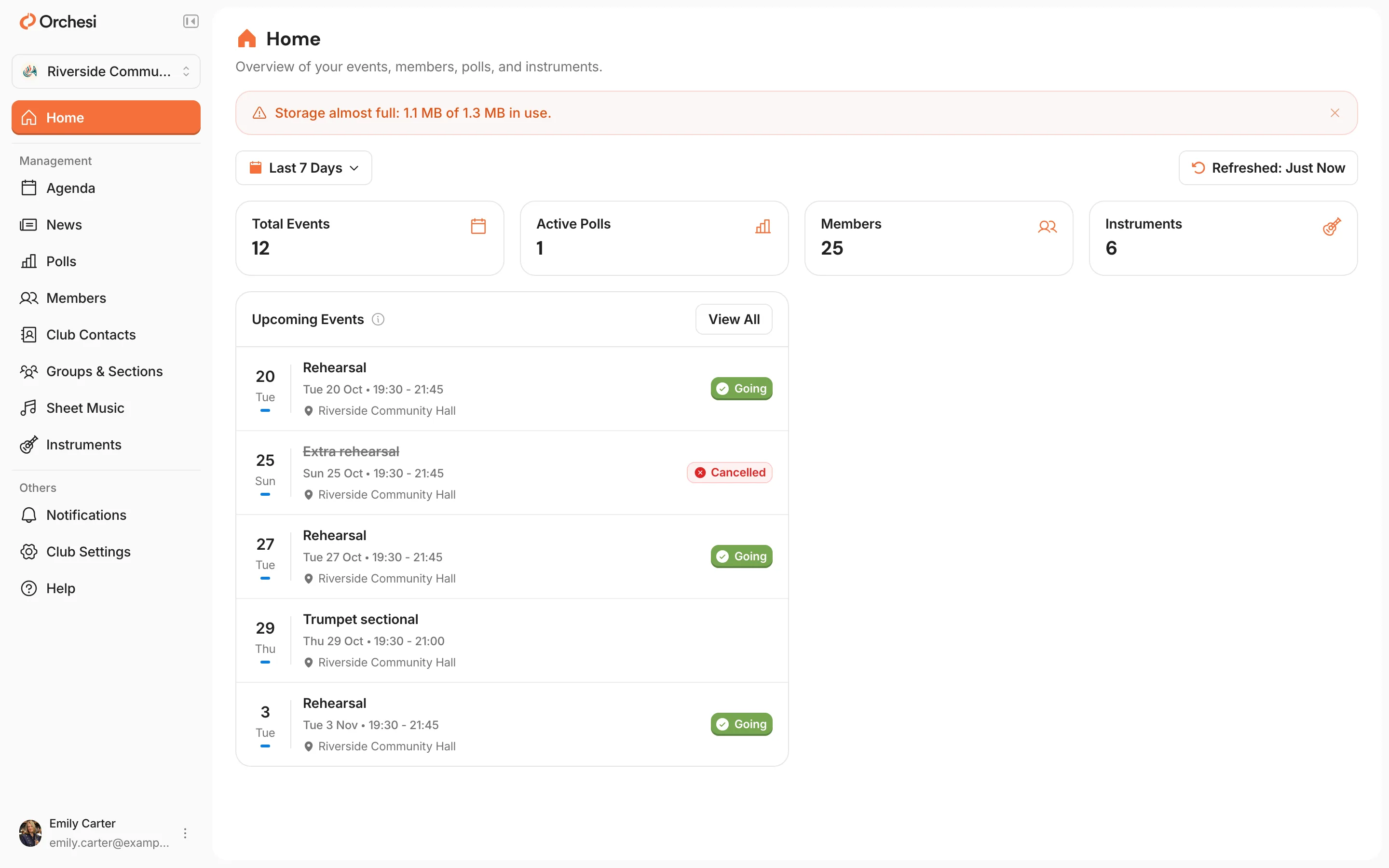 Home in the web app as an admin sees it, with the notice Storage almost full at the top and how much room is in use out of the total, with a cross on the right to hide the notice.