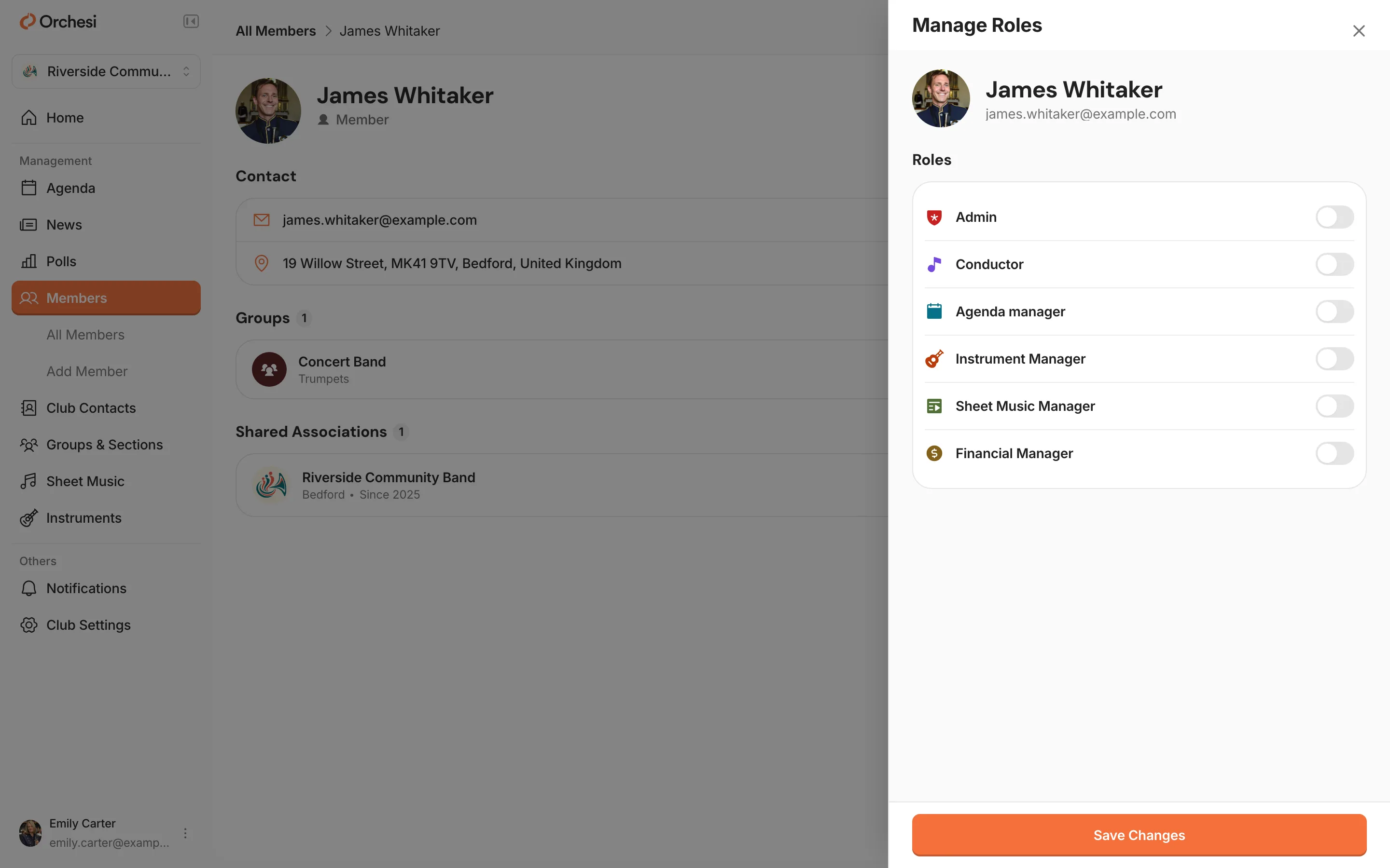 A member's page with the Manage Roles window on the right: the roles Admin, Conductor, Agenda manager, Instrument Manager, Sheet Music Manager and Financial Manager, each with a switch, and Save Changes at the bottom.