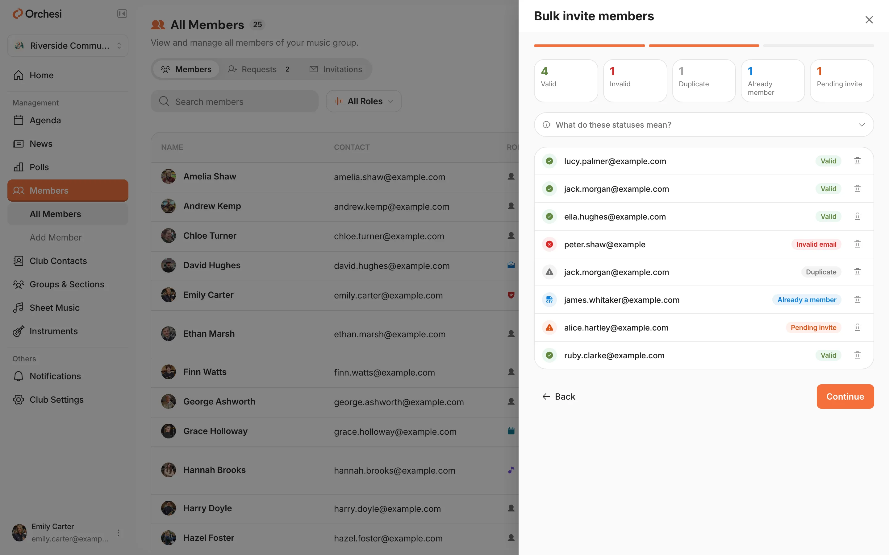 The preview of an import: every email address with a status (Valid, Invalid email, Duplicate, Already a member, Pending invite), and the Continue button below.