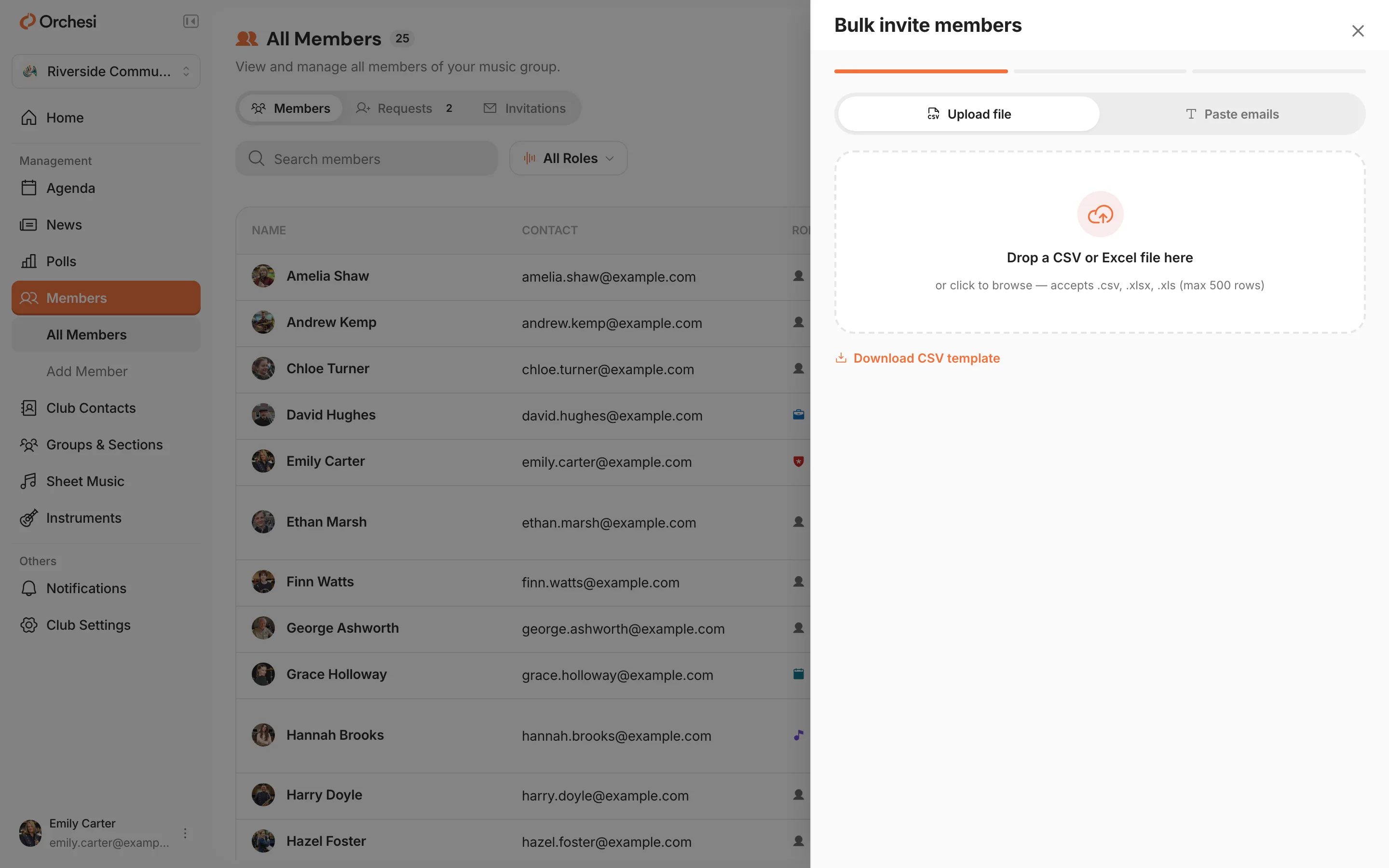 The Bulk invite members panel: choose Upload file or Paste emails, and drop a CSV or Excel file into the upload area.