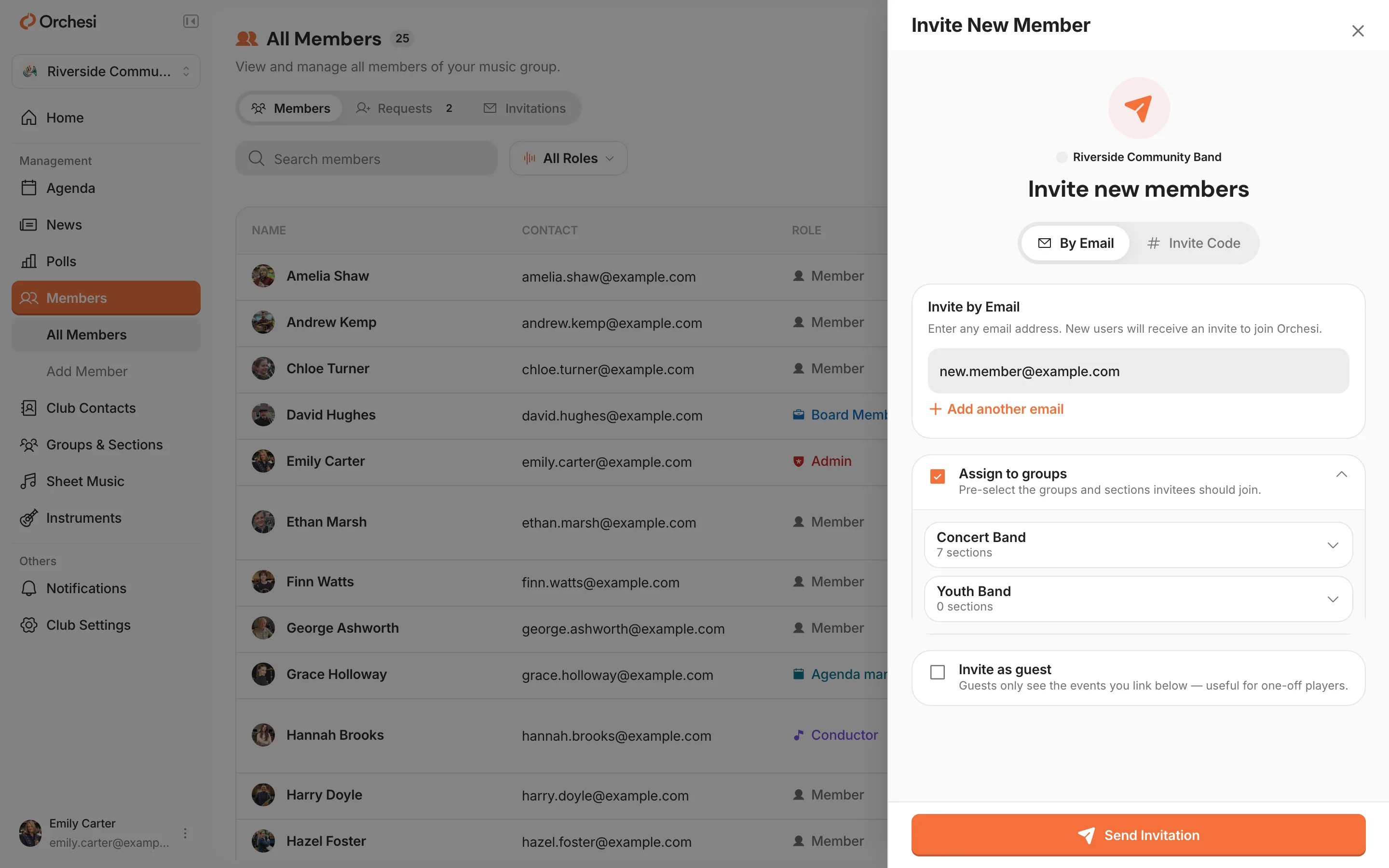 The Invite New Member window, By Email tab: an example address filled in, Add another email, under Assign to groups the groups Concert Band and Youth Band, Invite as guest and the Send Invitation button at the bottom.