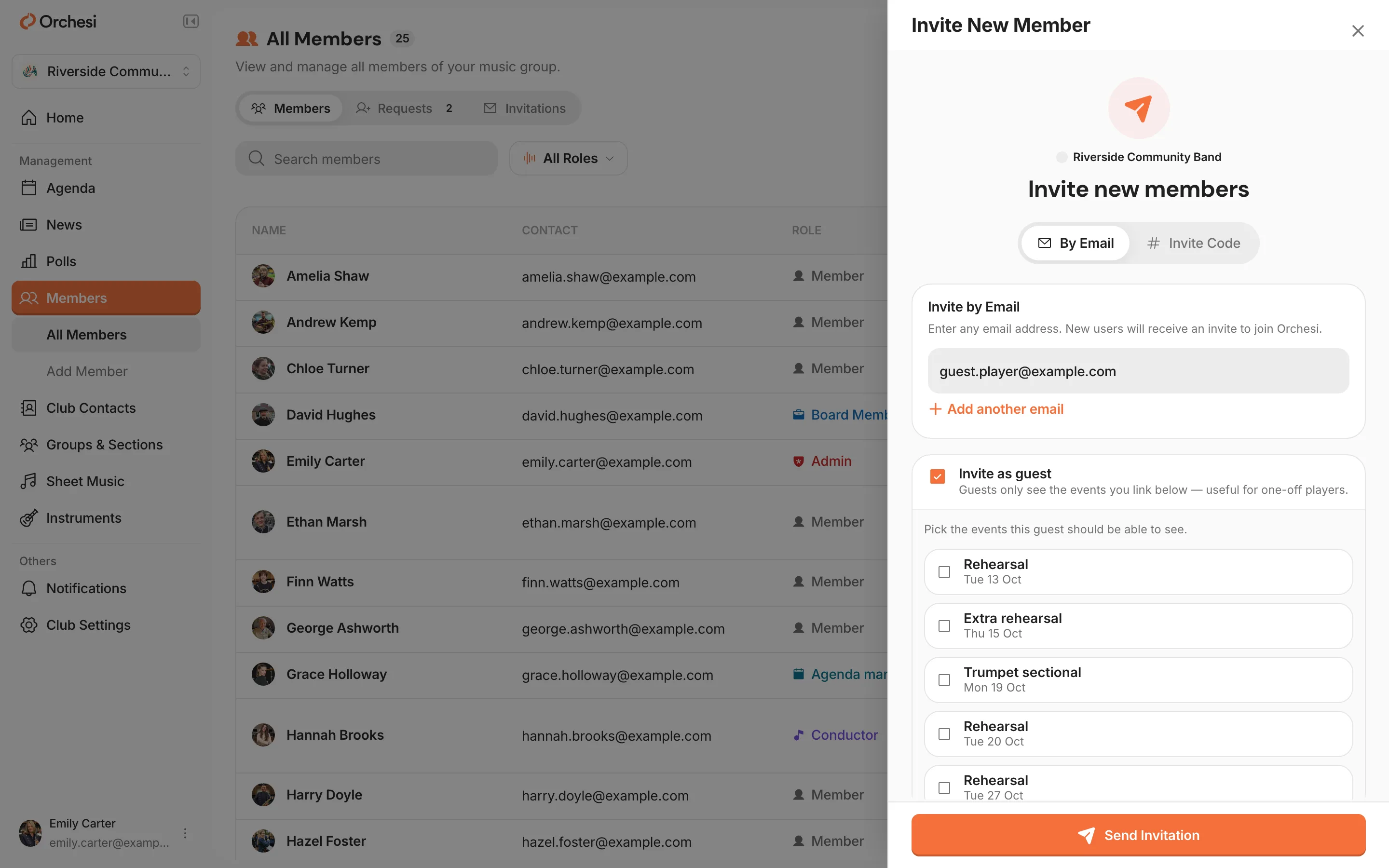 The Invite New Member window with an email address filled in and Invite as guest ticked: under Pick the events this guest should be able to see, the coming rehearsals and the concert to tick.