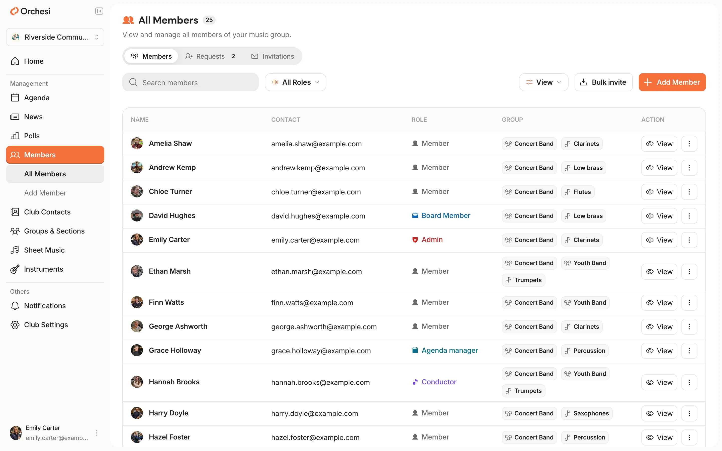 The members page in the web app, with the Bulk invite button at the top right next to Add Member.