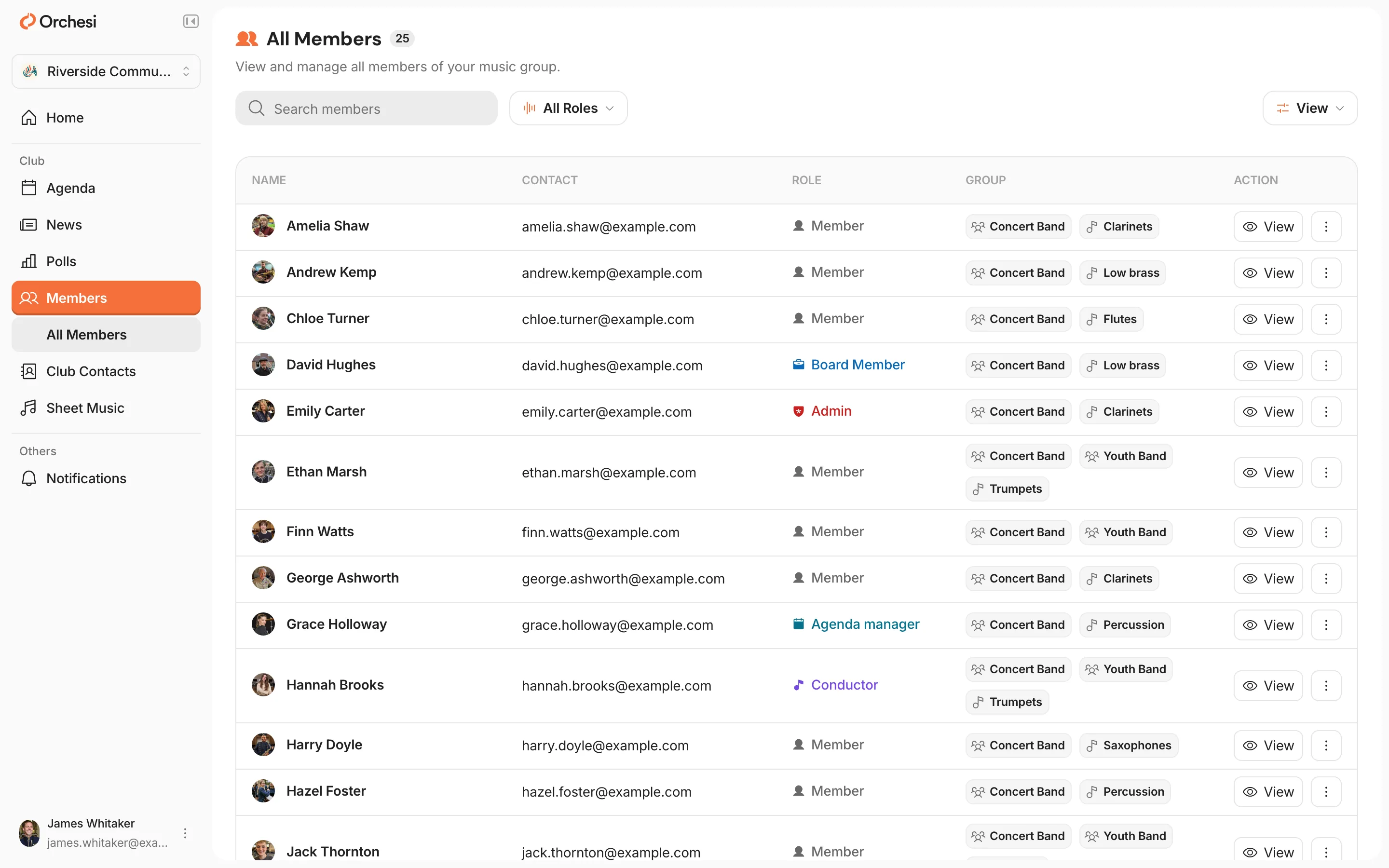 The members list in the web app as a member sees it: the Search members field, the All Roles filter and, per member, the email address, role, groups and a View button.