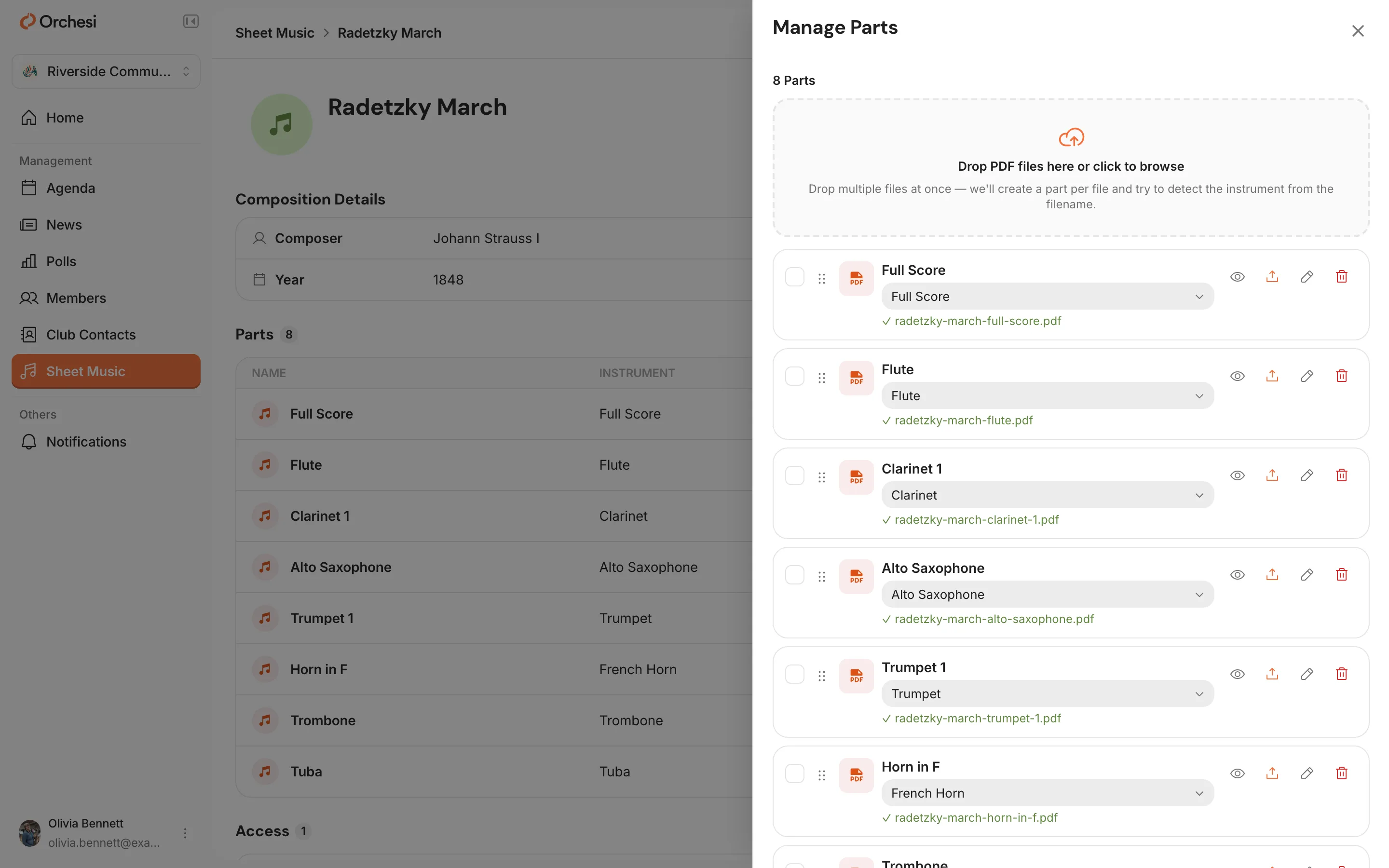 A piece's Manage Parts window: at the top the box Drop PDF files here or click to browse, and below it the parts with their instrument and file.