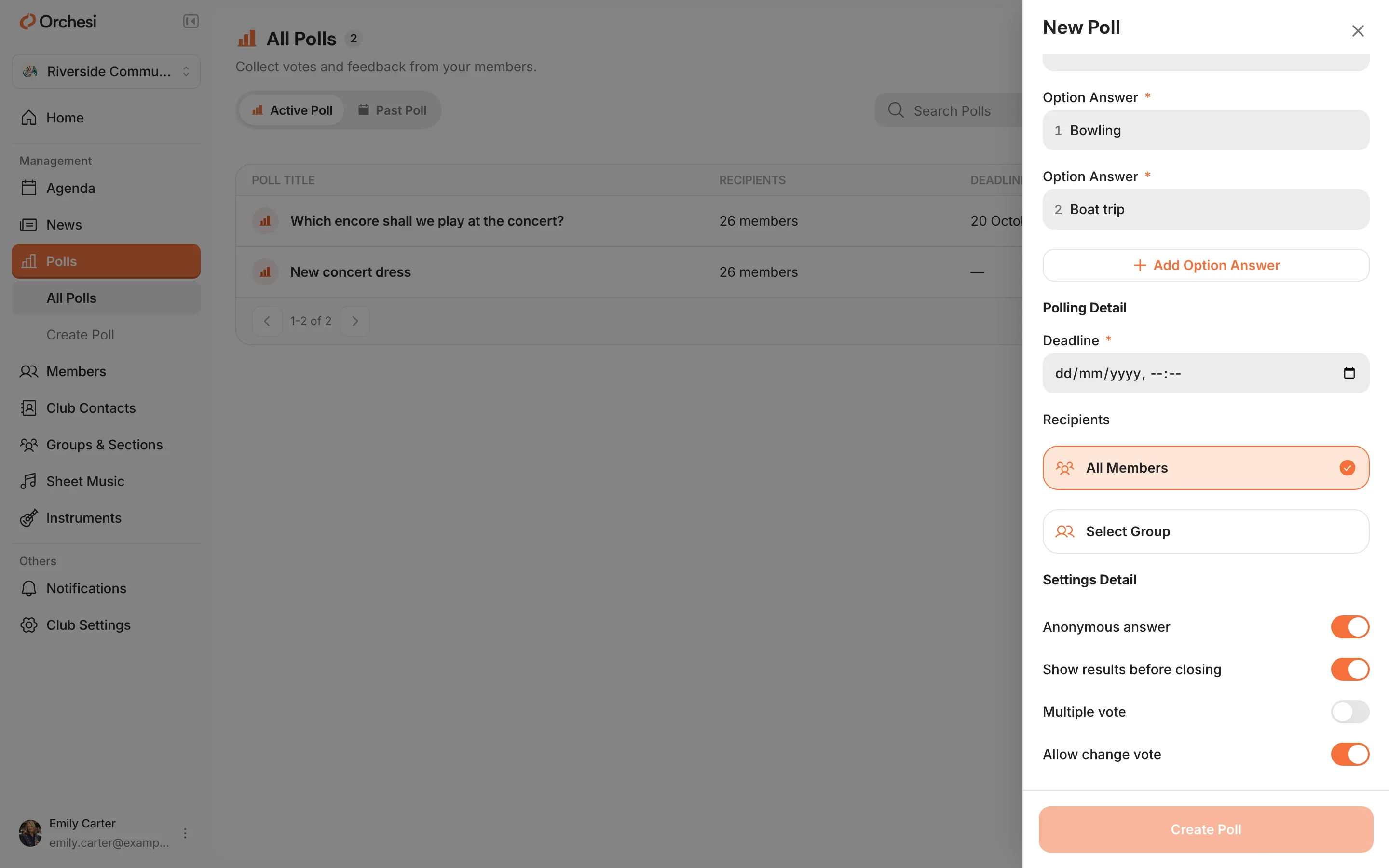 The New Poll window at Settings Detail: the switches Anonymous answer (on), Show results before closing, Multiple vote and Allow change vote.